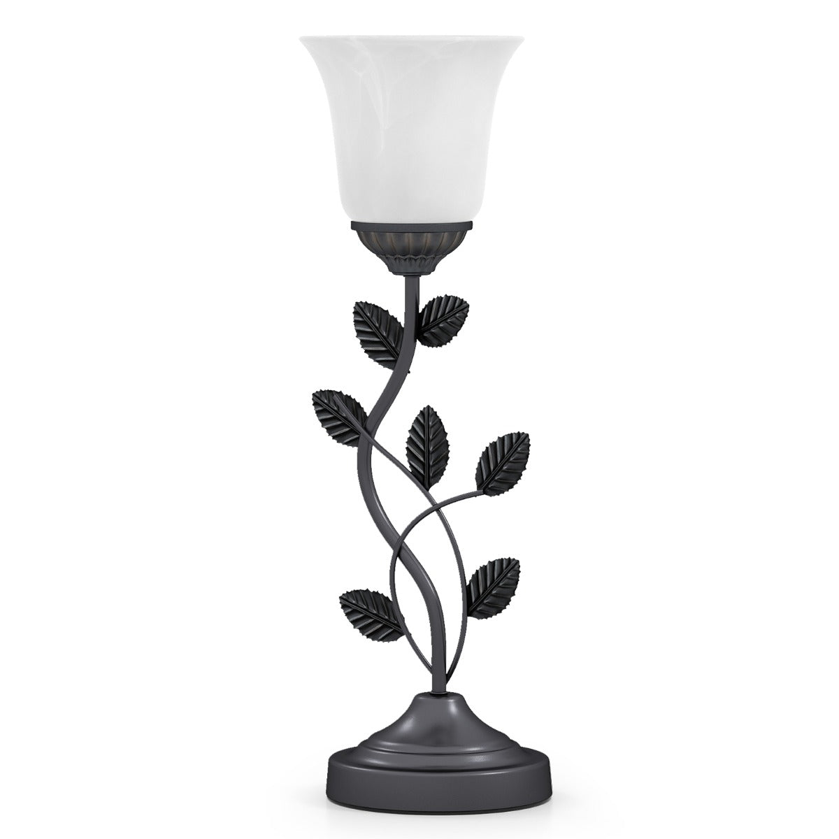Vintage Nightstand Lamp with Tulip Glass Lampshade and Metal Leaves-Black