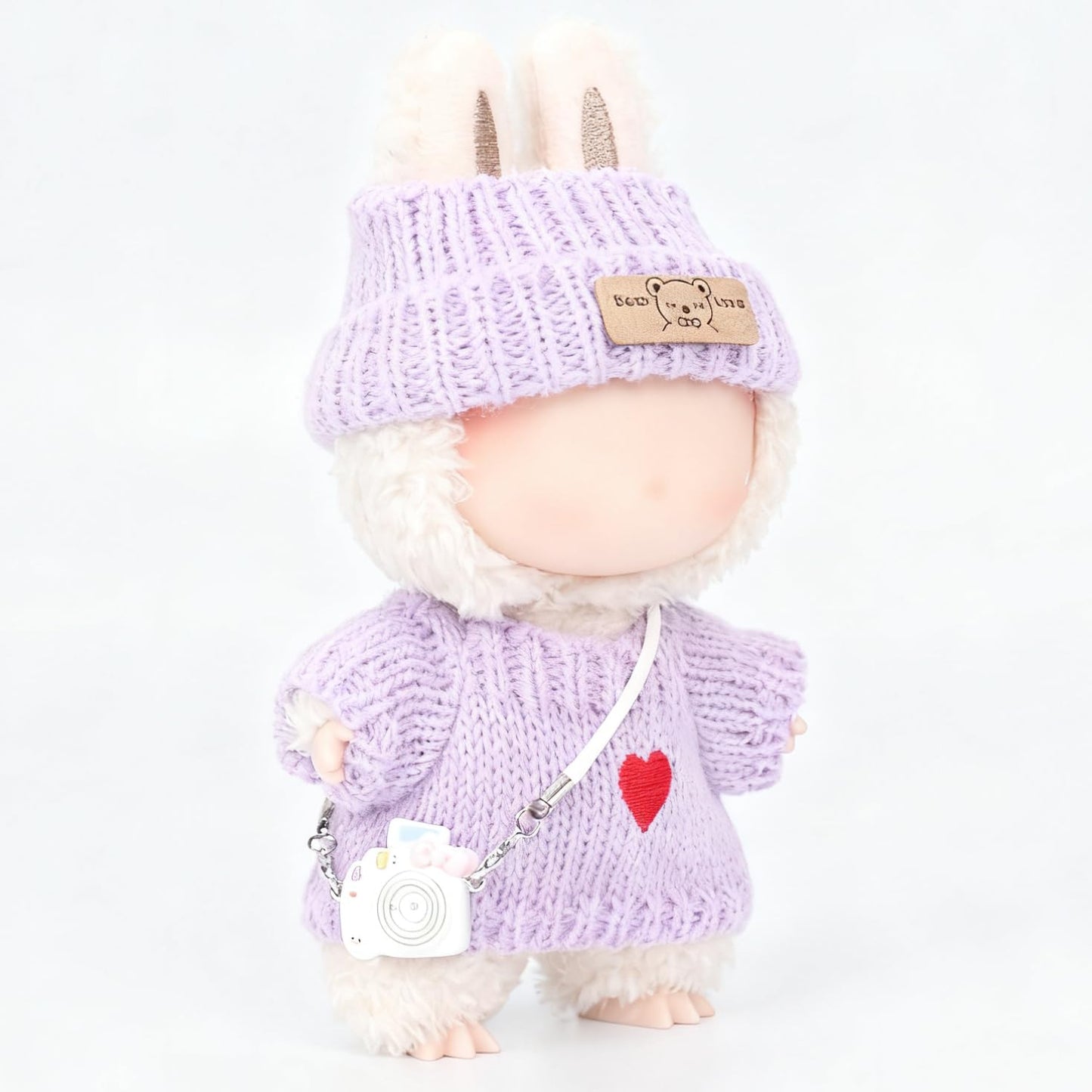 Vintay Handmade Purple Knit Doll Clothes for Labubu 17cm – 3-Piece Sweater, Hat & Mini Camera
