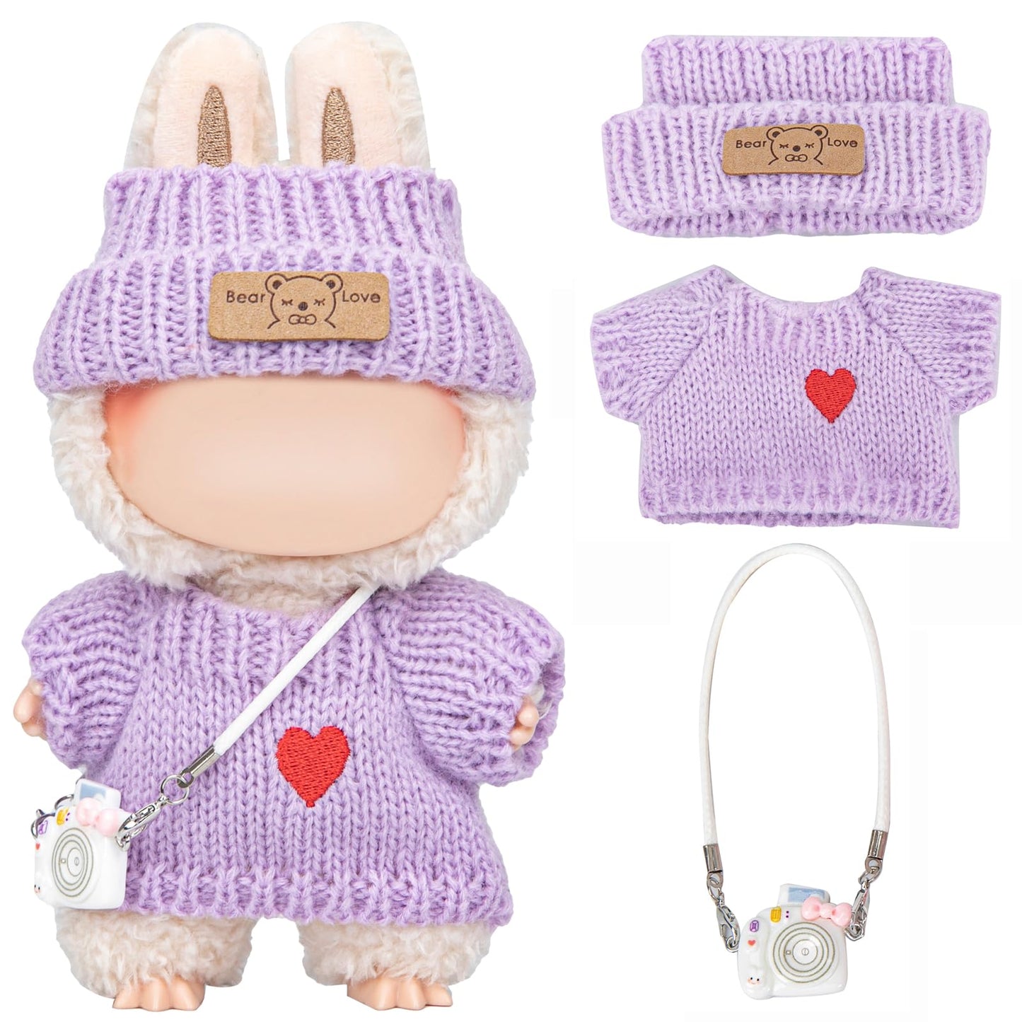 Vintay Handmade Purple Knit Doll Clothes for Labubu 17cm – 3-Piece Sweater, Hat & Mini Camera