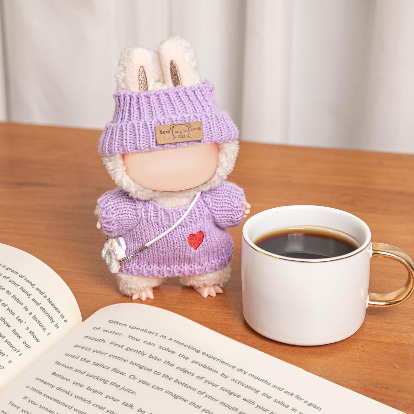 Vintay Handmade Purple Knit Doll Clothes for Labubu 17cm – 3-Piece Sweater, Hat & Mini Camera