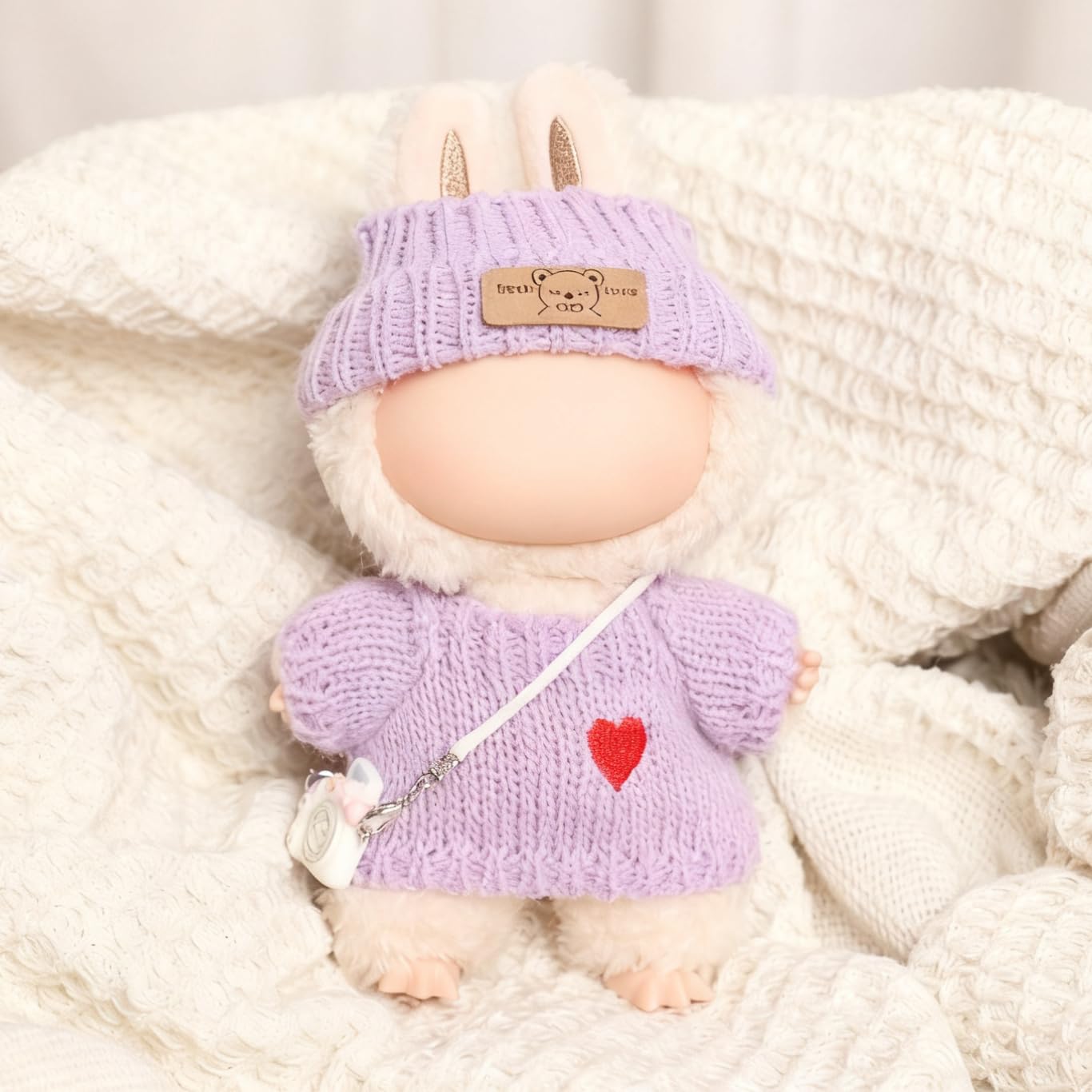 Vintay Handmade Purple Knit Doll Clothes for Labubu 17cm – 3-Piece Sweater, Hat & Mini Camera