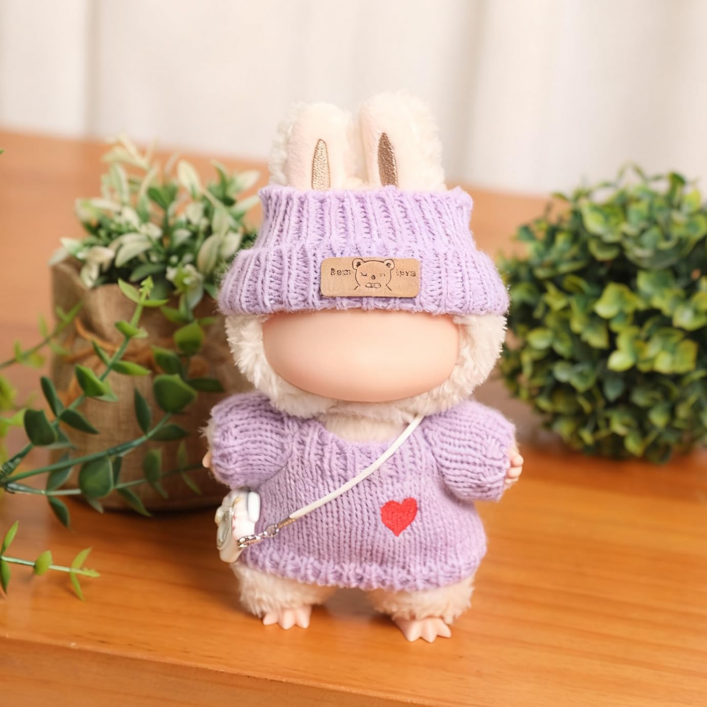 Vintay Handmade Purple Knit Doll Clothes for Labubu 17cm – 3-Piece Sweater, Hat & Mini Camera