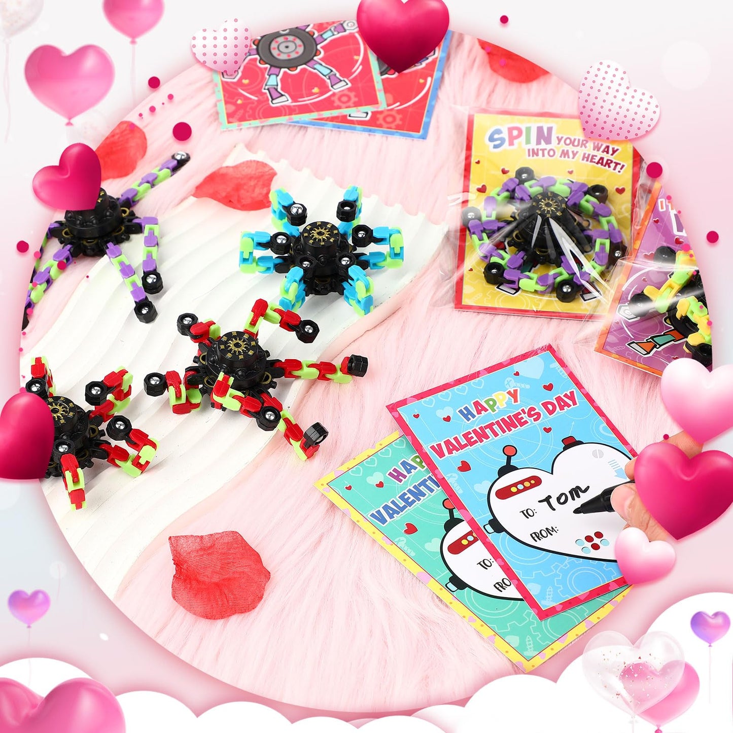 VioraWhite 28 Glow Fidget Spinners with Valentine Cards for Classroom Prizes