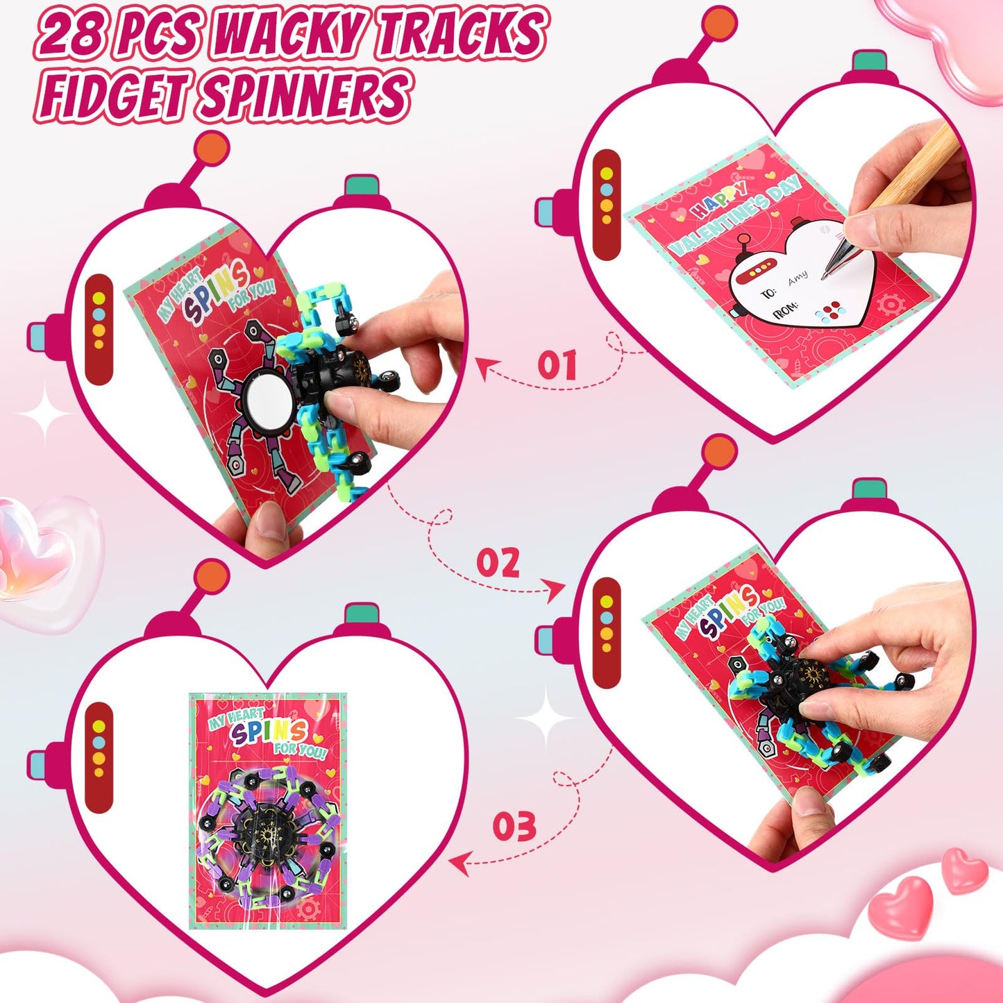 VioraWhite 28 Glow Fidget Spinners with Valentine Cards for Classroom Prizes