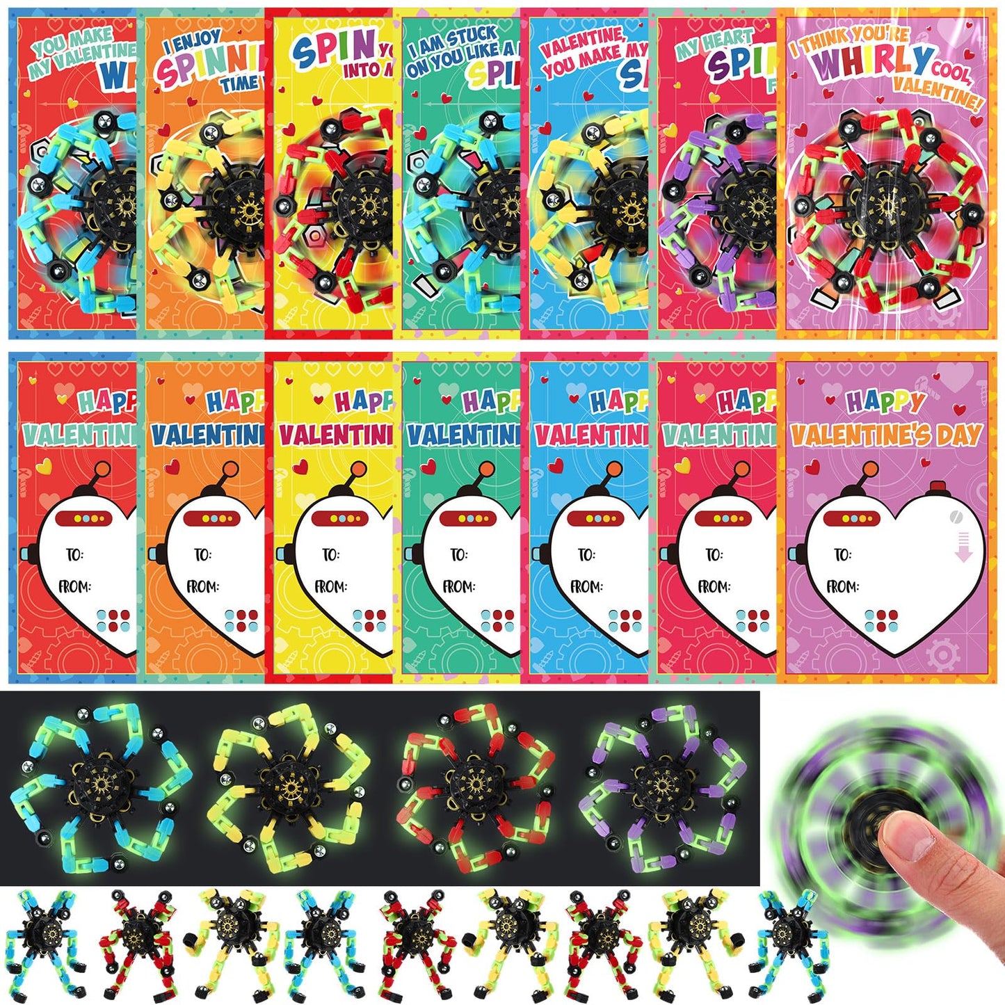 VioraWhite 28 Glow Fidget Spinners with Valentine Cards for Classroom Prizes