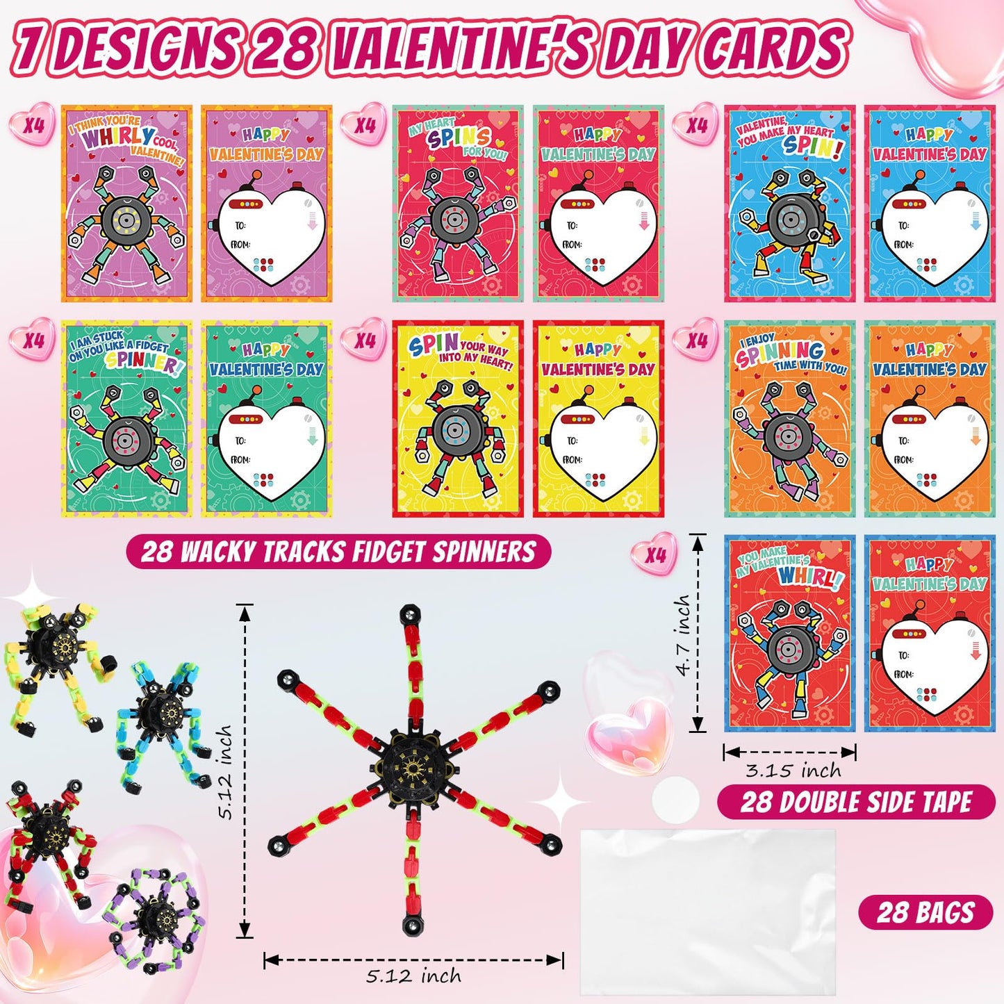 VioraWhite 28 Glow Fidget Spinners with Valentine Cards for Classroom Prizes