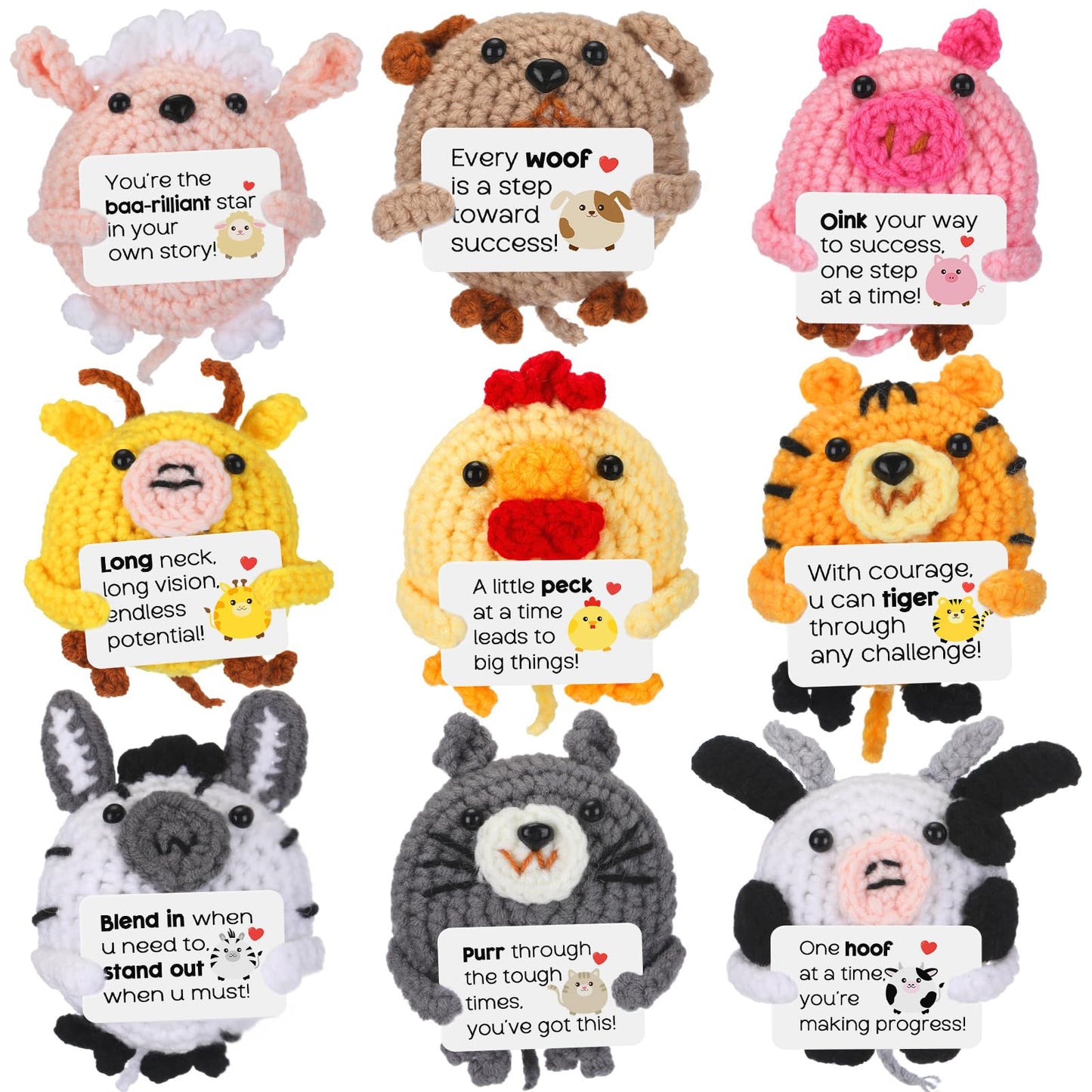VioraWhite 9 Pcs Crochet Farm Animals with Positive Cards – Bulk Handmade Teacher Appreciation Gifts