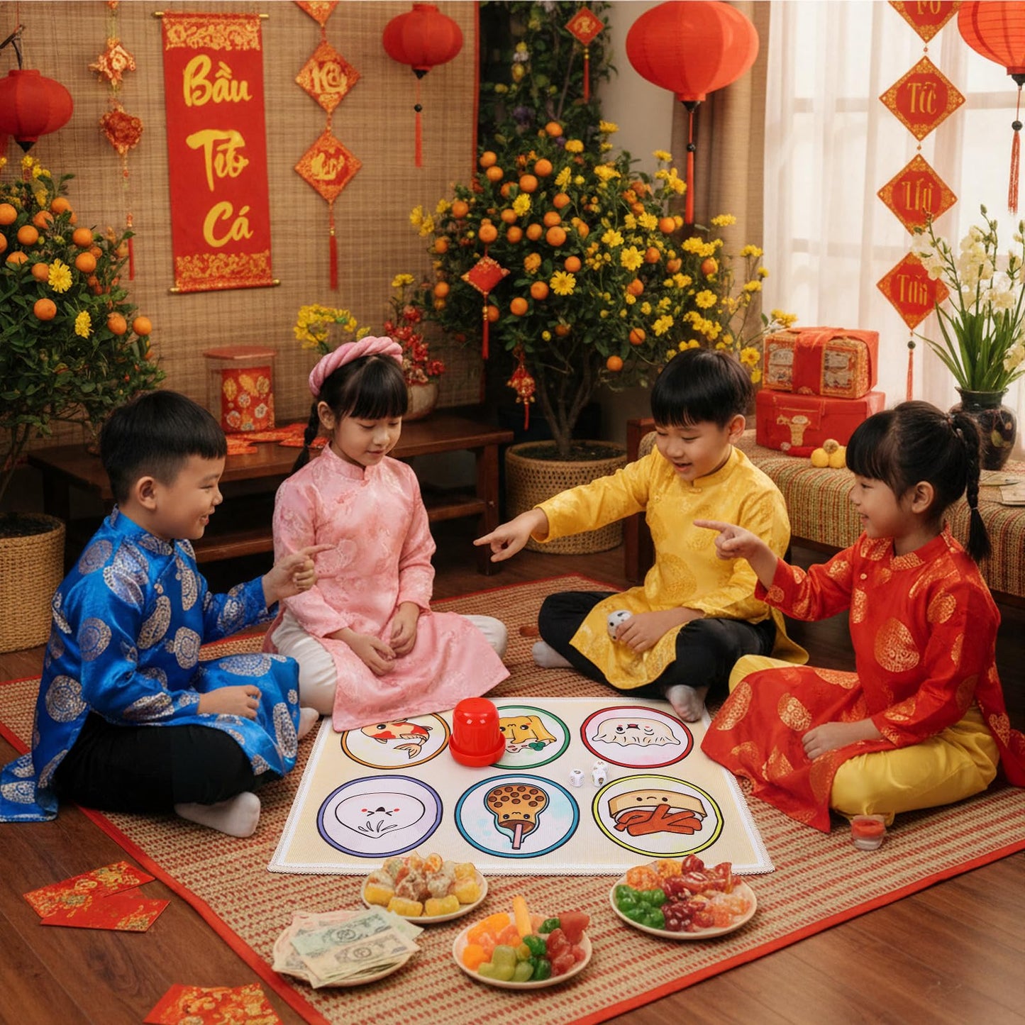 VioraWhite BAU Cua Dice Game Set — Dim Sum Themed Vietnamese Lunar New Year Mat