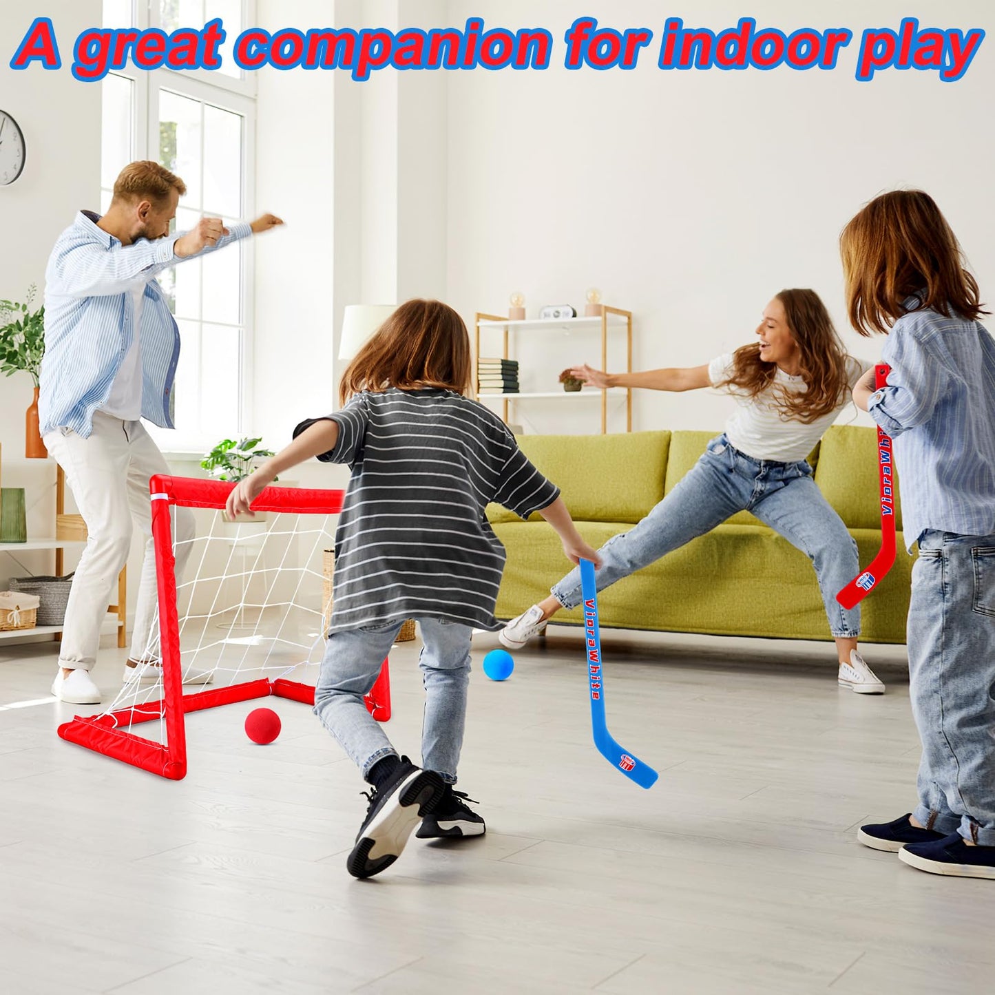 VioraWhite 8-Pc Mini Knee Hockey Set | 4 Sticks + 4 Foam Balls for Indoor Play (Red/Blue)