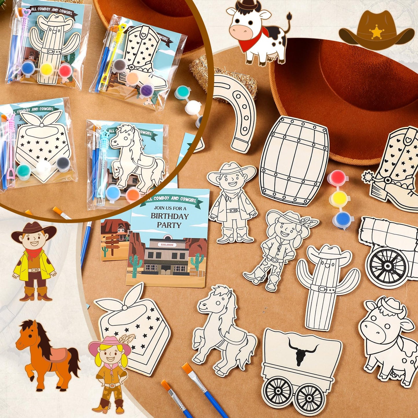 VioraWhite 24-Piece Western Cowboy Wooden Painting Kit — Party Favors & Bubble Wands