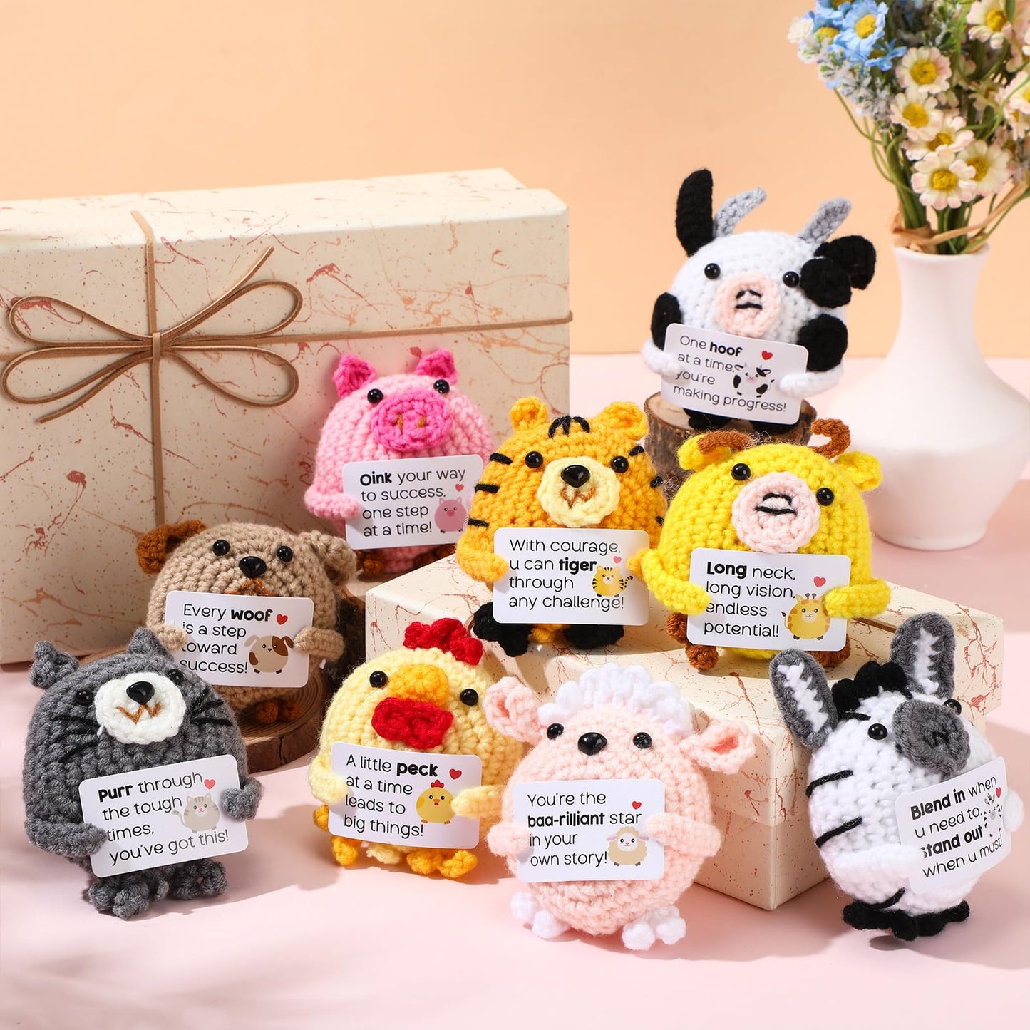 VioraWhite 9 Pcs Crochet Farm Animals with Positive Cards – Bulk Handmade Teacher Appreciation Gifts