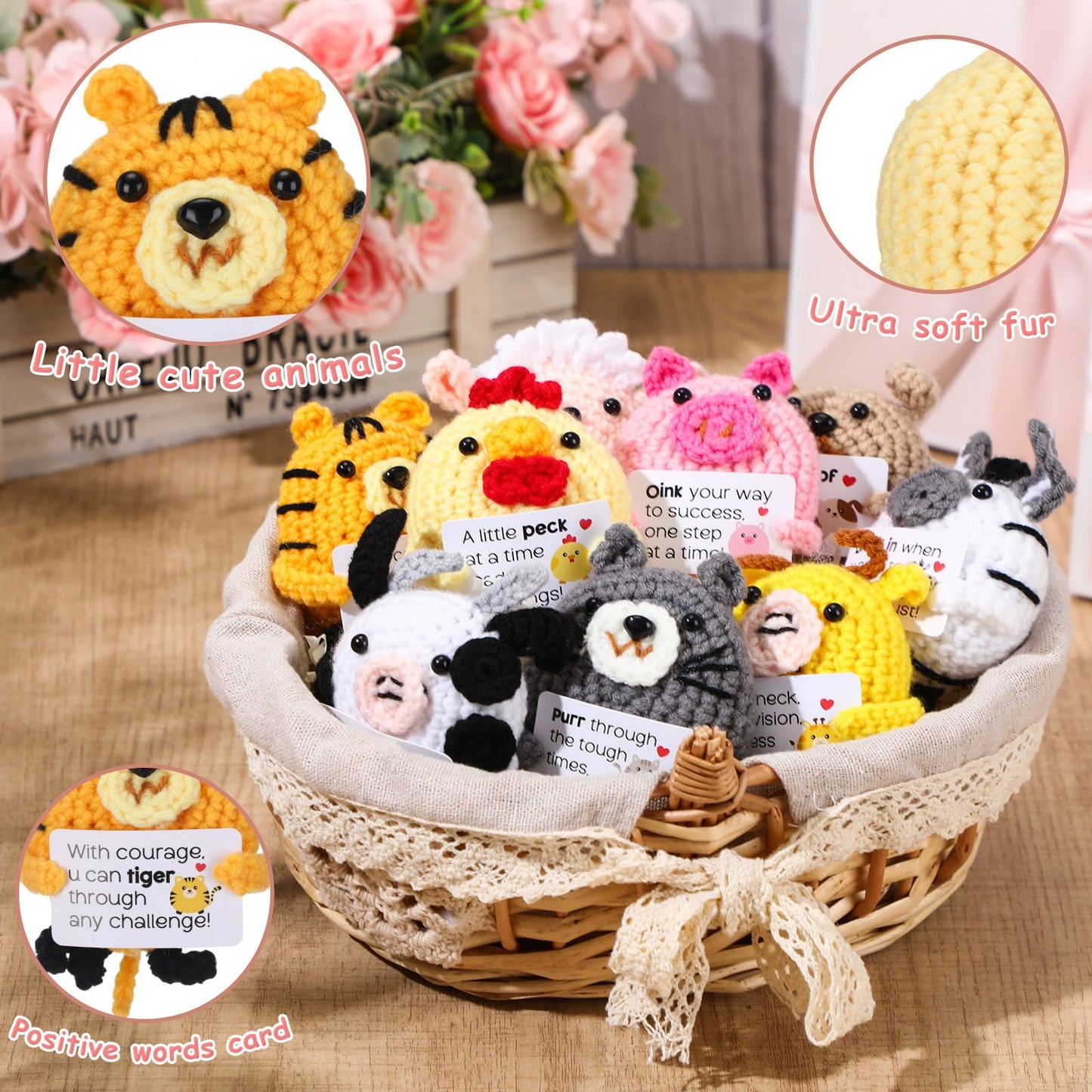 VioraWhite 9 Pcs Crochet Farm Animals with Positive Cards – Bulk Handmade Teacher Appreciation Gifts