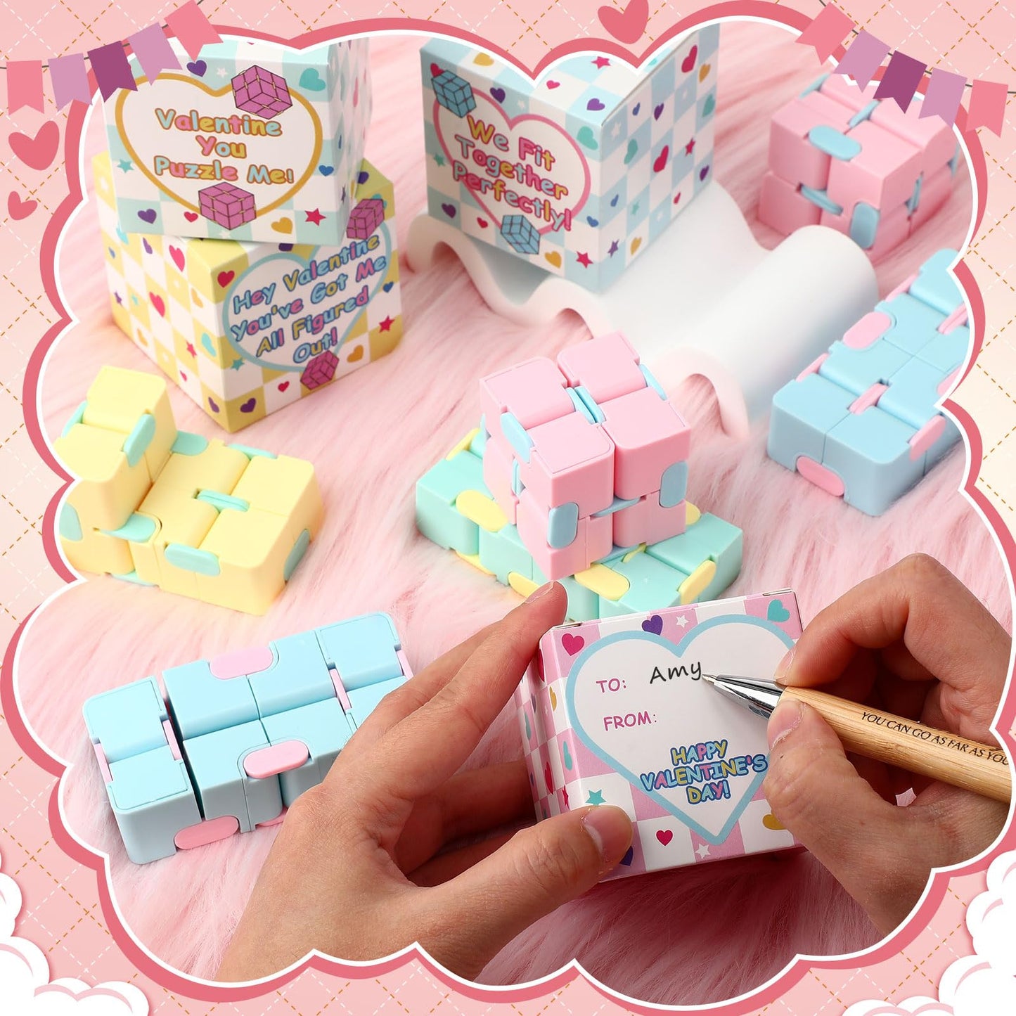 VioraWhite 28-Piece Valentines Day Stress Relief Cubes with Gift Boxes | Macaron Colors