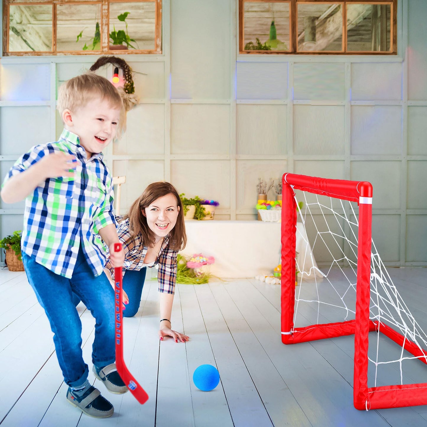 VioraWhite 8-Pc Mini Knee Hockey Set | 4 Sticks + 4 Foam Balls for Indoor Play (Red/Blue)