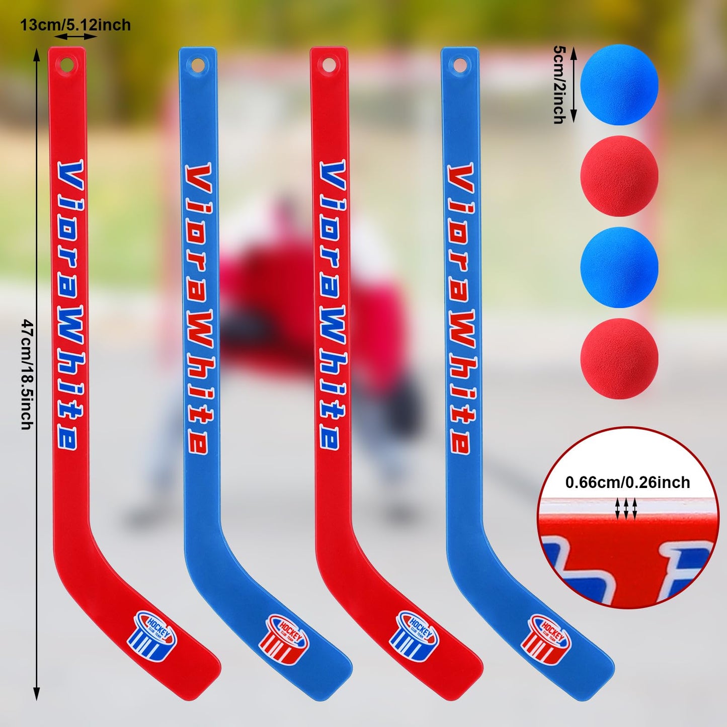 VioraWhite 8-Pc Mini Knee Hockey Set | 4 Sticks + 4 Foam Balls for Indoor Play (Red/Blue)