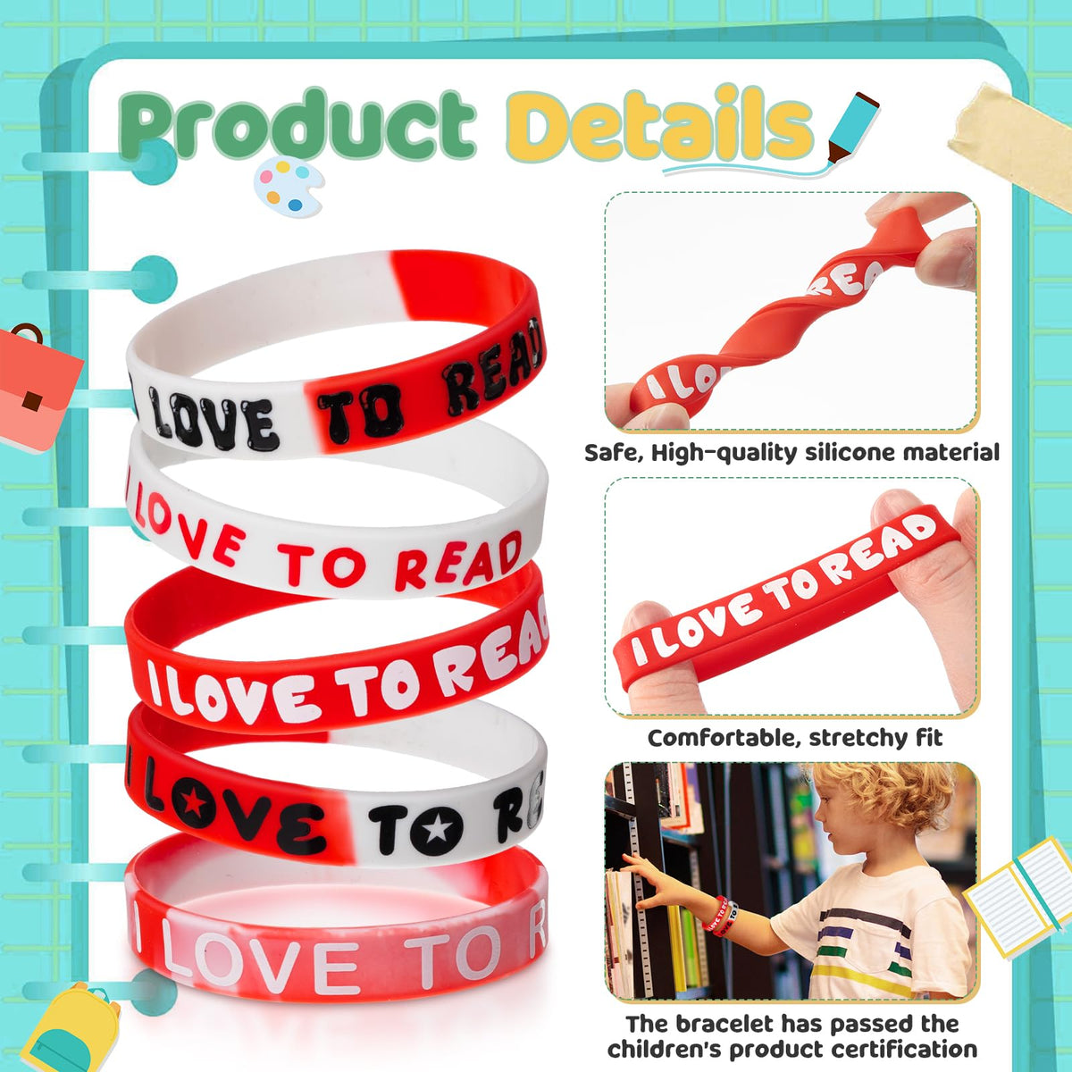 VioraWhite 60 Pcs I Love to Read Rubber Bracelets – Reading Motivation Wristbands for Kids