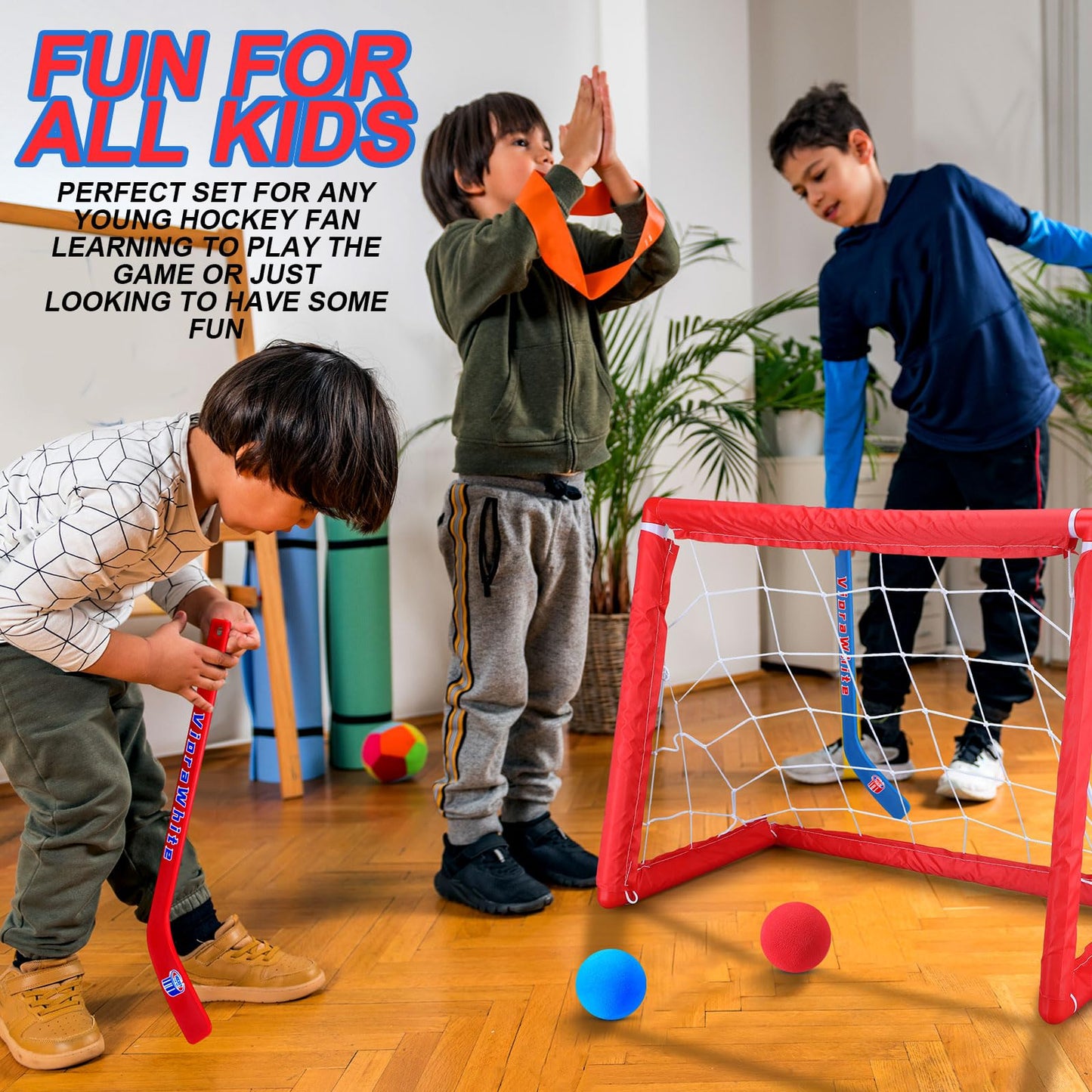 VioraWhite 8-Pc Mini Knee Hockey Set | 4 Sticks + 4 Foam Balls for Indoor Play (Red/Blue)