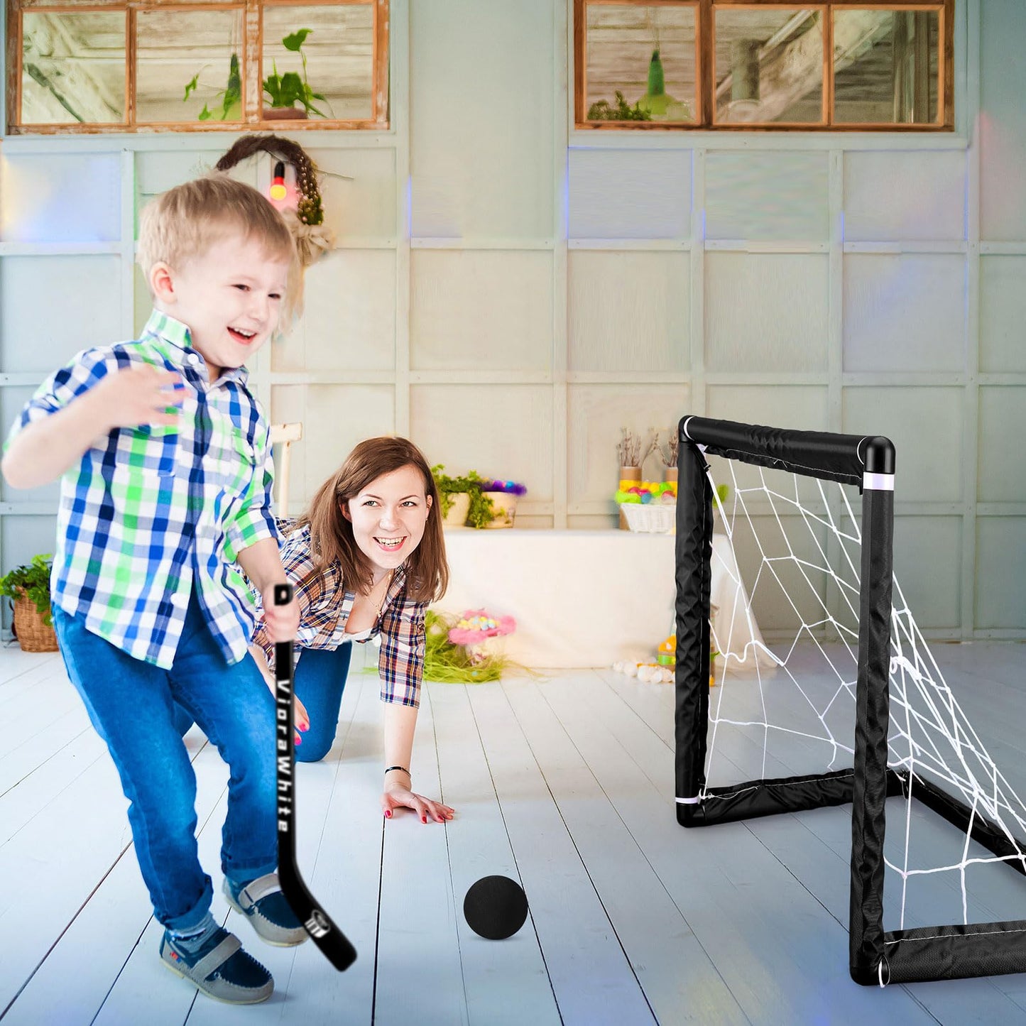VioraWhite 8 Pcs Mini Knee Hockey Set — 4 Sticks + 4 Foam Balls for Indoor Play