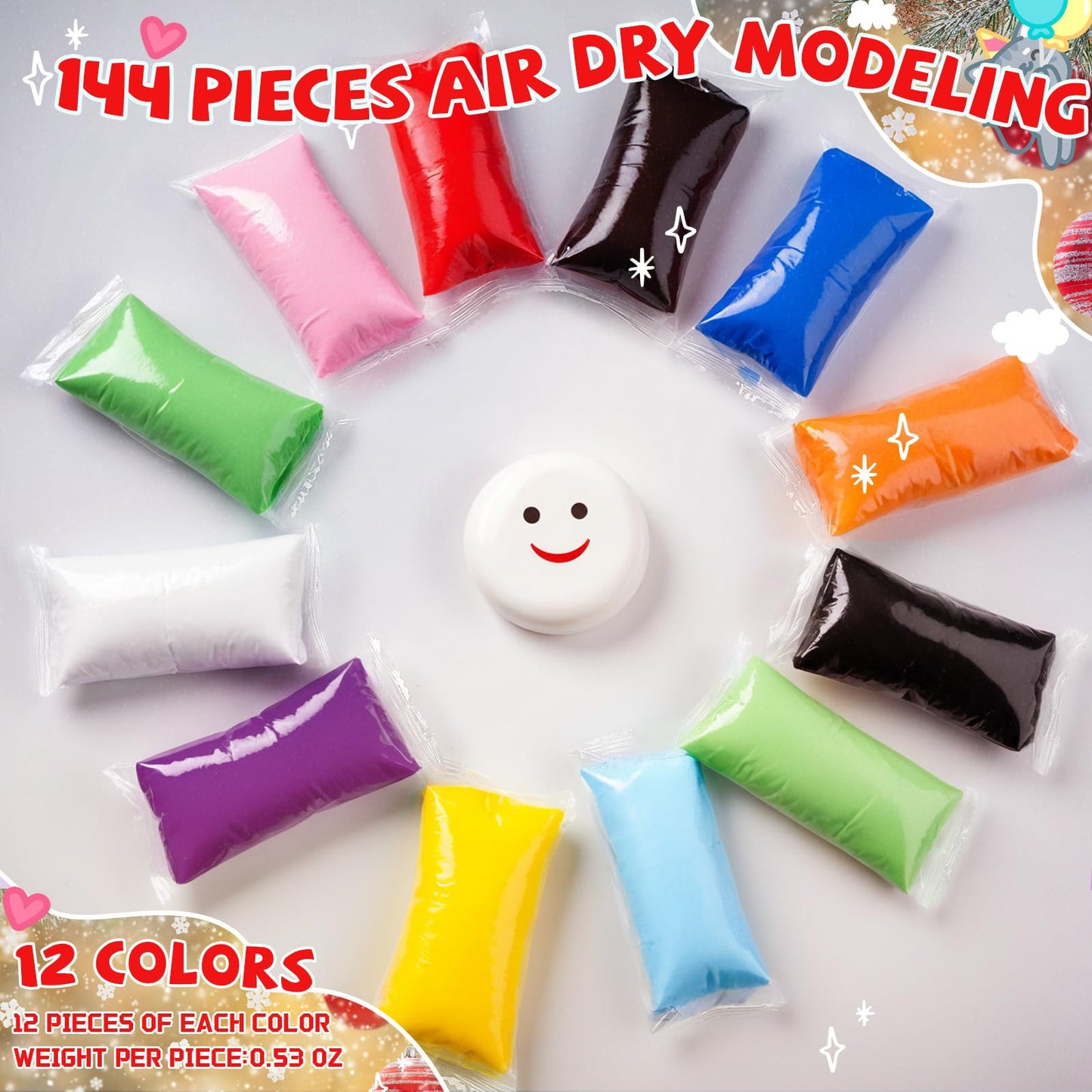 VioraWhite 144 Pcs Air Dry Clay Bulk Kit — Mardi Gras Colors for Kids & DIY Crafts
