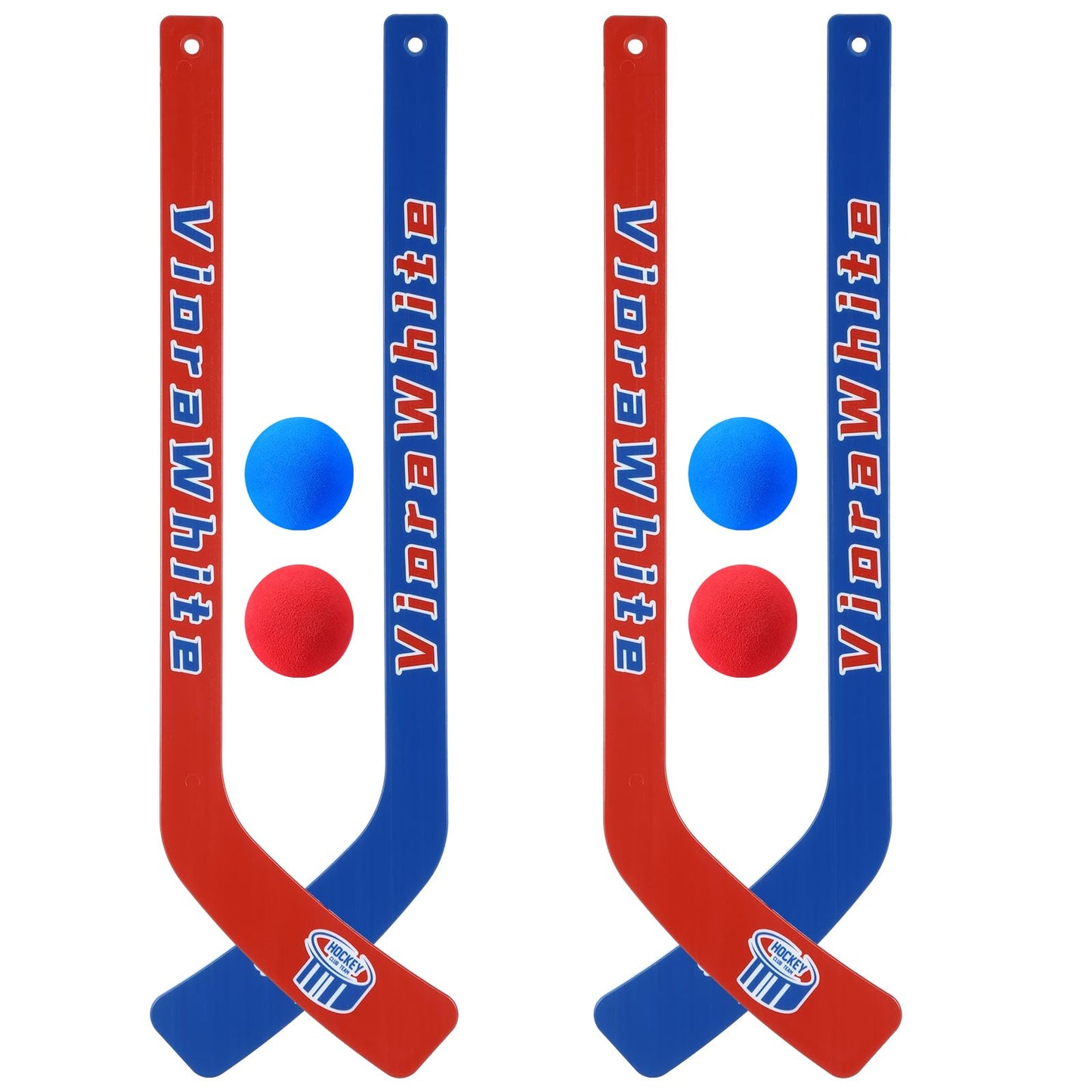 VioraWhite 8-Pc Mini Knee Hockey Set | 4 Sticks + 4 Foam Balls for Indoor Play (Red/Blue)
