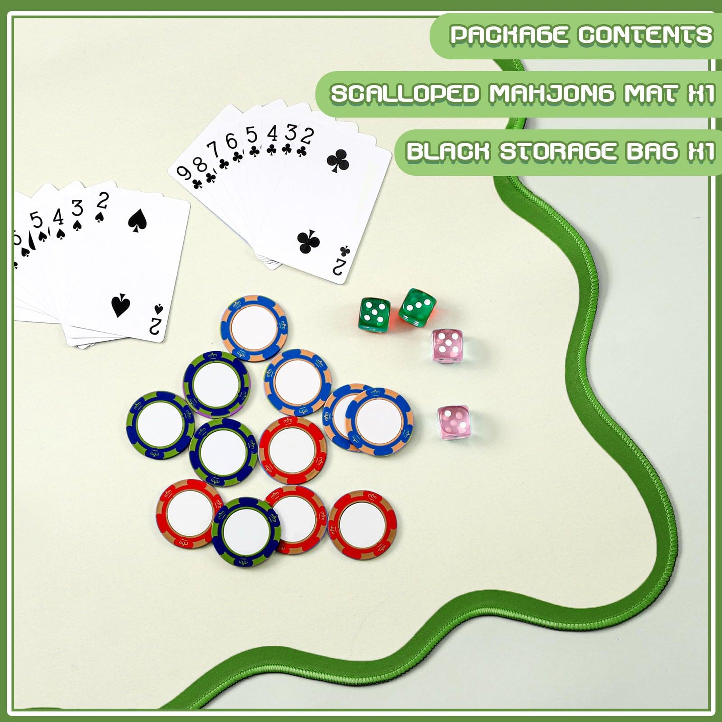 VioraWhite 21-Inch Mini Mahjong Mat for Travel - Scalloped Green, Anti-Slip, Noise-Reducing Table Game Mat