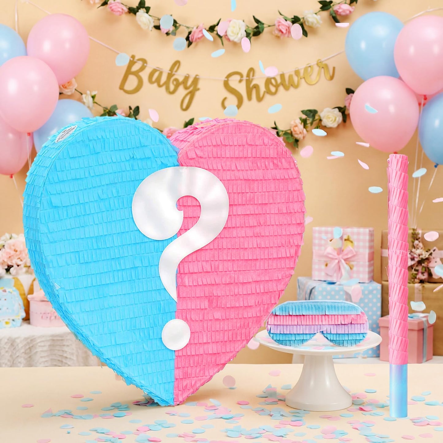 VioraWhite 17-Inch Heart Pinata – Gender Reveal Pink & Blue | Large Valentines Baby Shower Decor