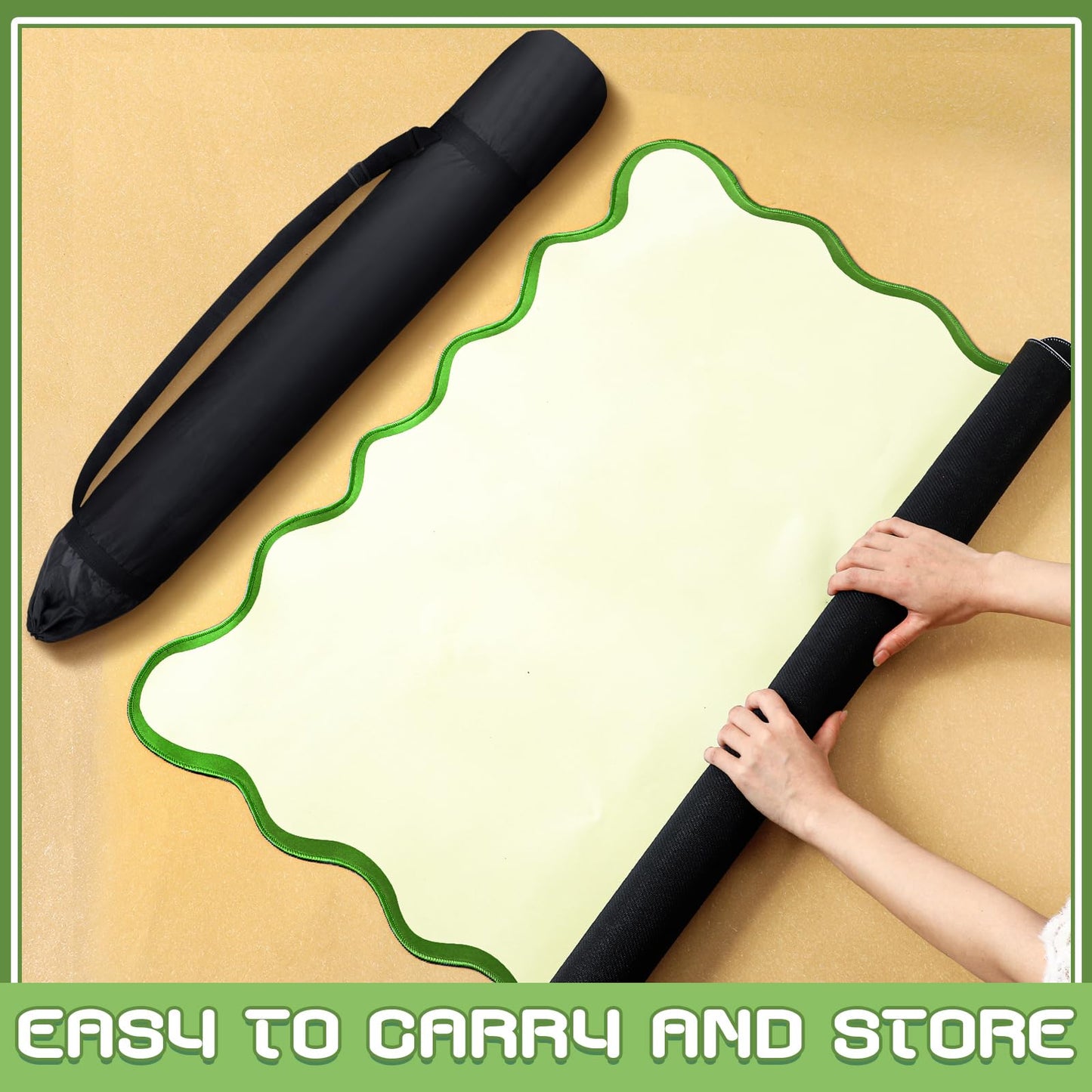 VioraWhite 21-Inch Mini Mahjong Mat for Travel - Scalloped Green, Anti-Slip, Noise-Reducing Table Game Mat