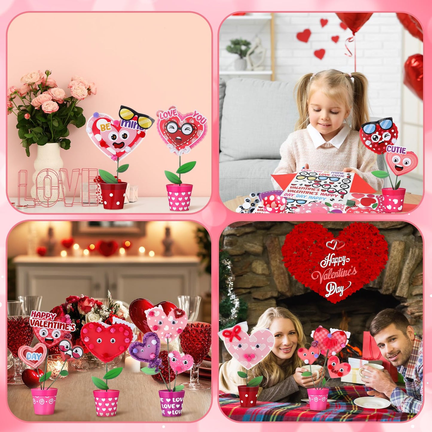 VioraWhite 36-Set Valentines Day Flowers Craft Kit – 3D Standing Heart Pots DIY Gift