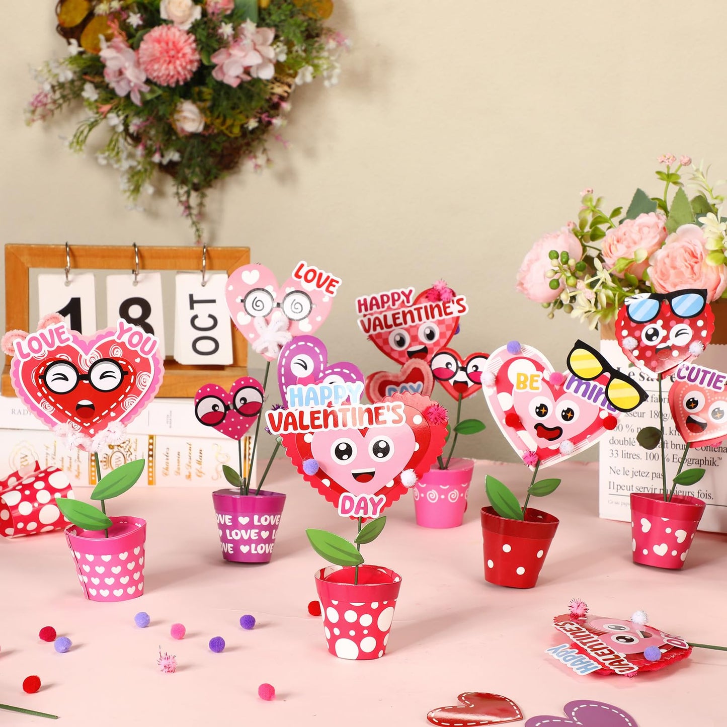 VioraWhite 36-Set Valentines Day Flowers Craft Kit – 3D Standing Heart Pots DIY Gift