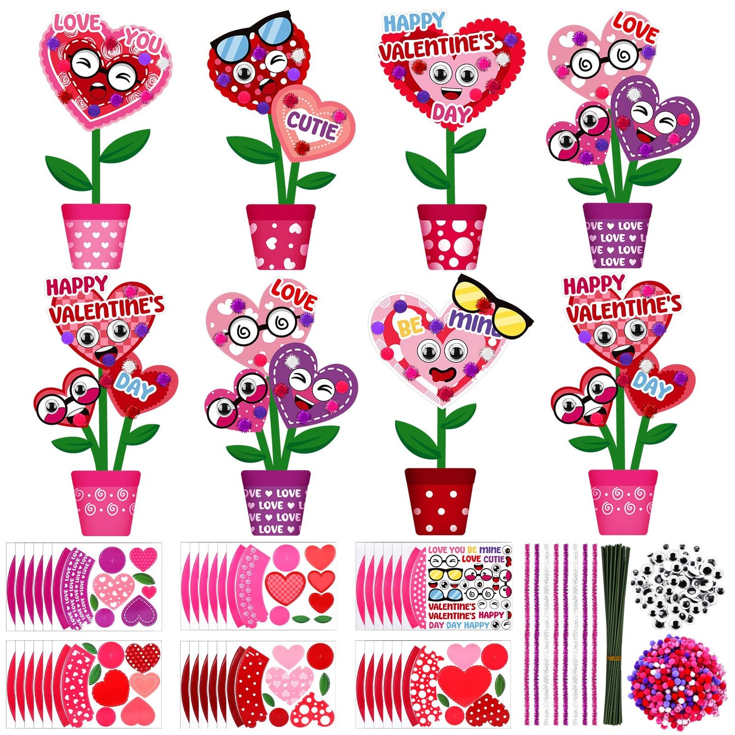 VioraWhite 36-Set Valentines Day Flowers Craft Kit – 3D Standing Heart Pots DIY Gift