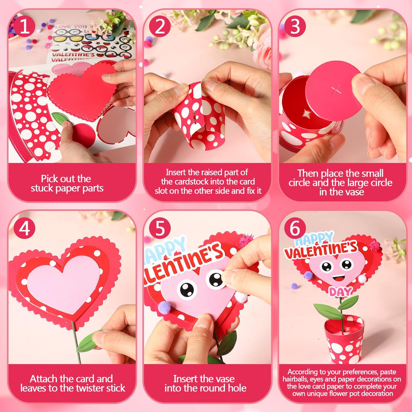 VioraWhite 36-Set Valentines Day Flowers Craft Kit – 3D Standing Heart Pots DIY Gift
