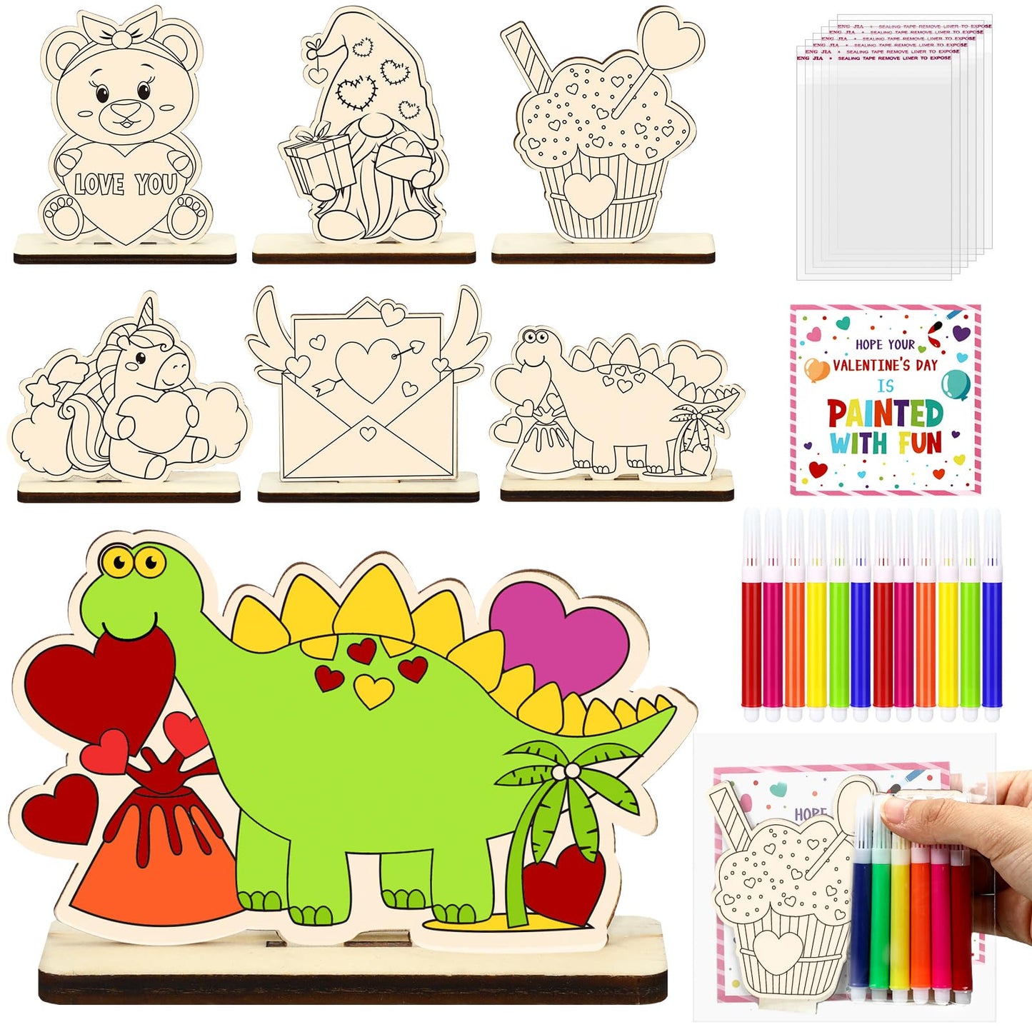 VioraWhite 24-Pack Valentine Painting Gift Kit – Wooden DIY Art, Cards & Bags