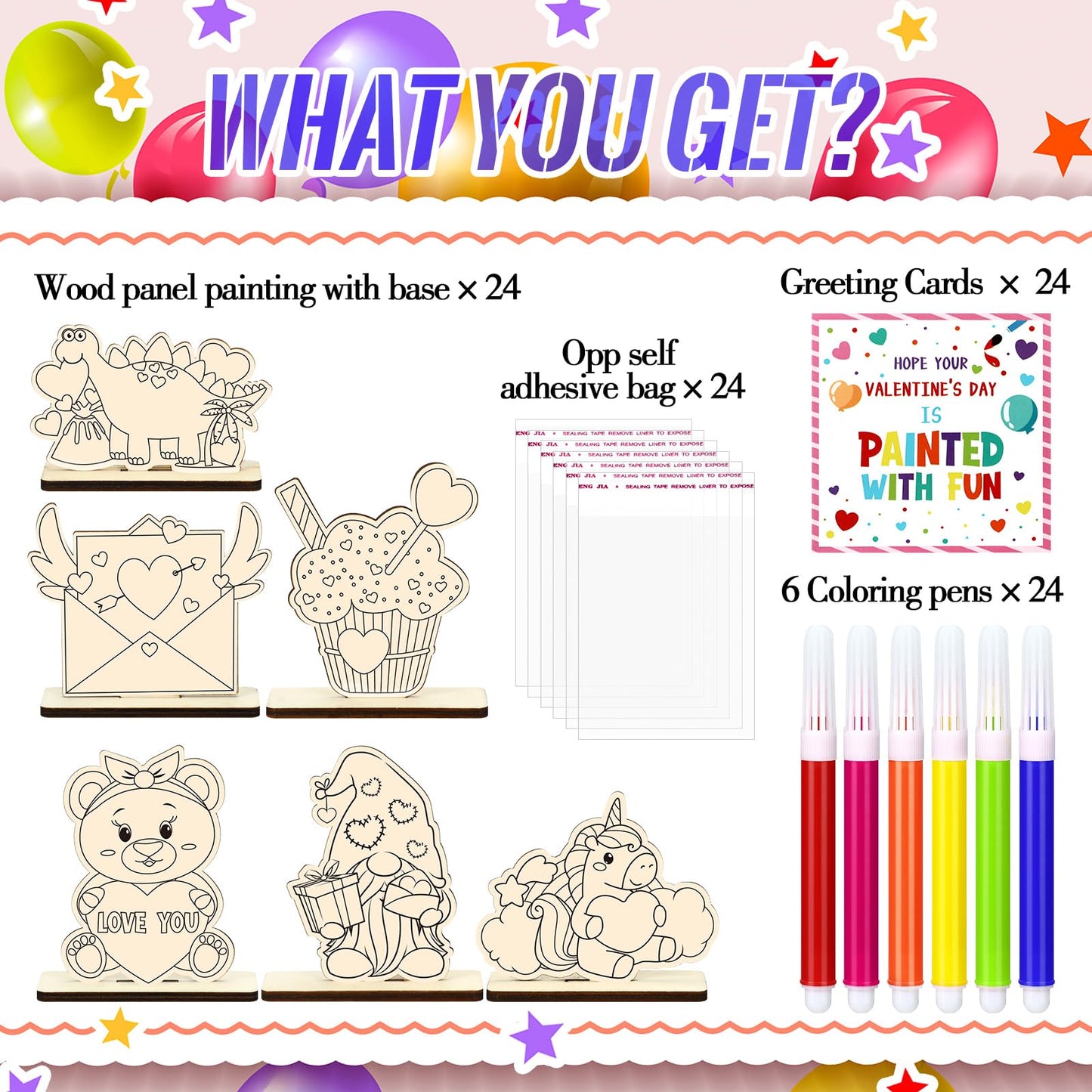 VioraWhite 24-Pack Valentine Painting Gift Kit – Wooden DIY Art, Cards & Bags