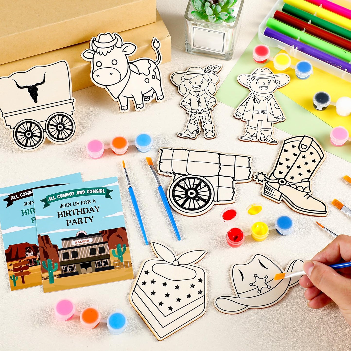 VioraWhite 24-Piece Western Cowboy Wooden Painting Kit — Party Favors & Bubble Wands