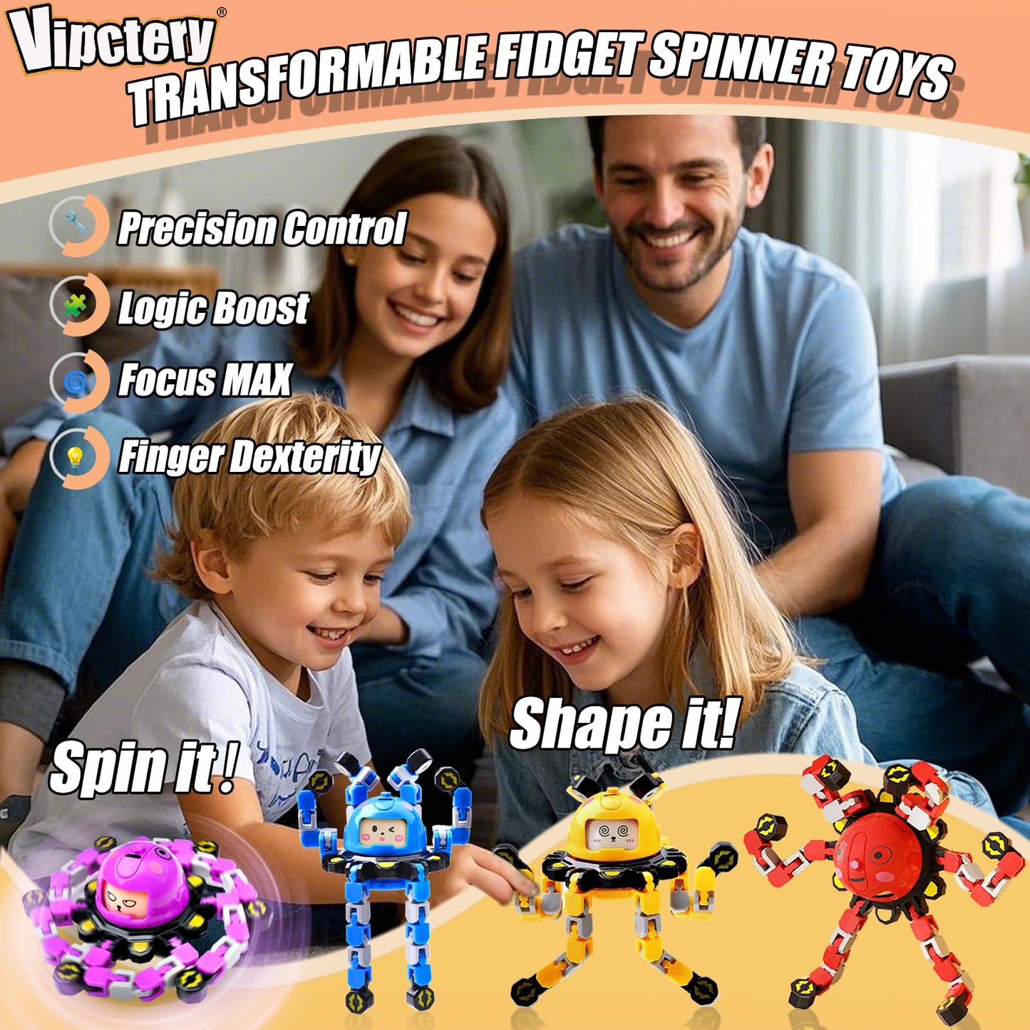 Vipctery 4Pcs Transformable Fidget Spinners – Portable Sensory Toys for Kids, Teens & Adults