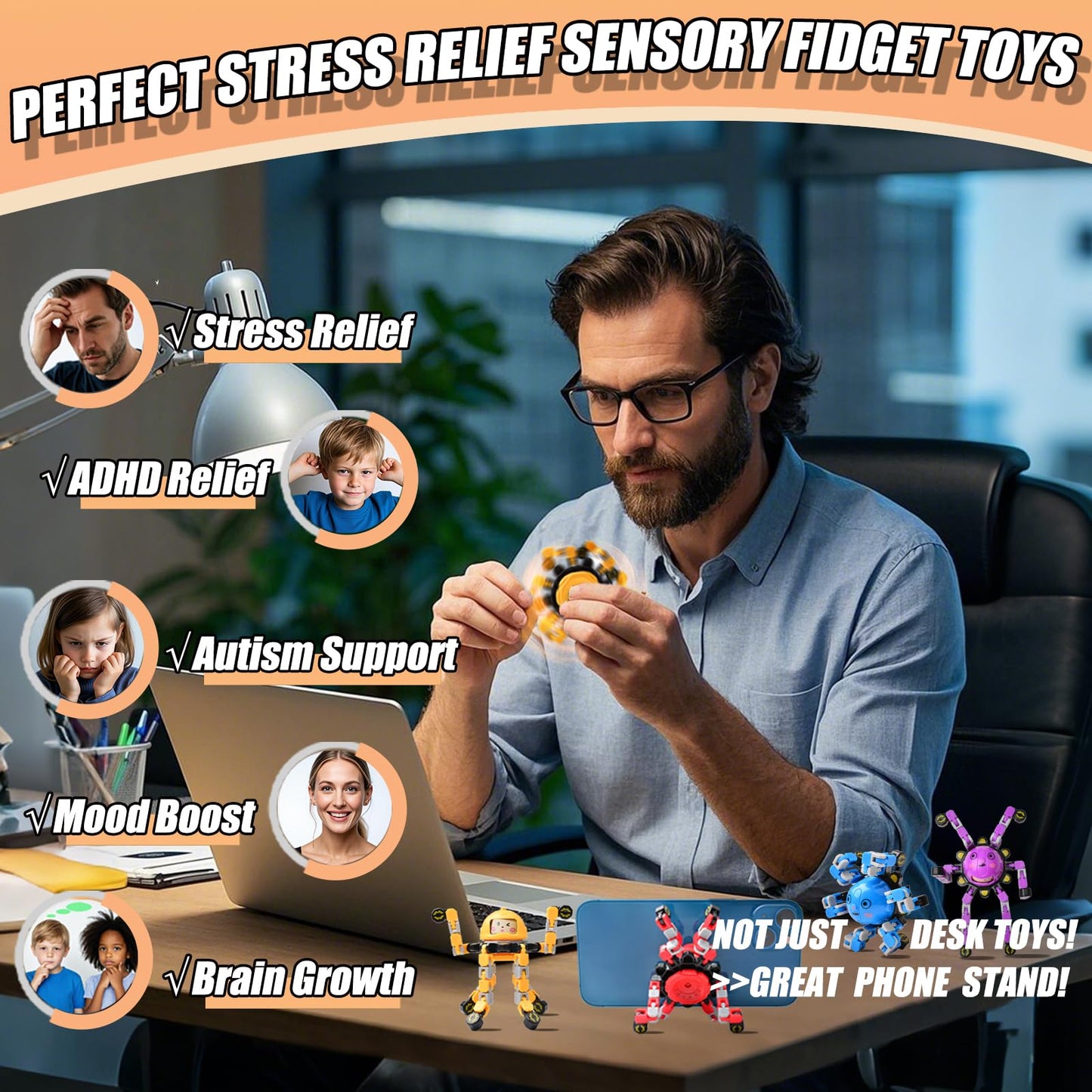 Vipctery 4Pcs Transformable Fidget Spinners – Portable Sensory Toys for Kids, Teens & Adults