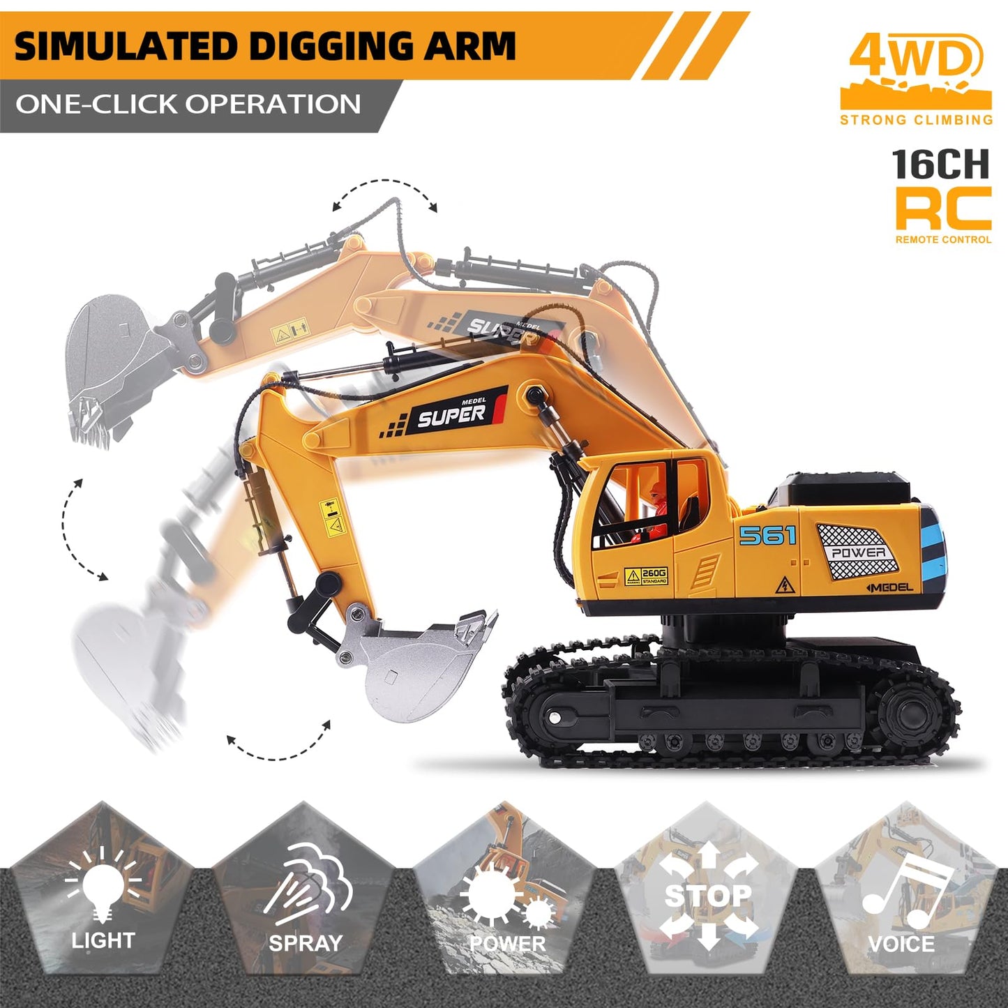 ViRockSign 16-Channel RC Excavator Toy with Metal Shovel, Lights & Smoke – 1:16 Scale