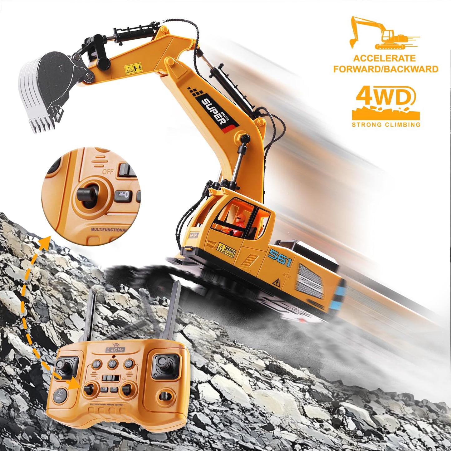 ViRockSign 16-Channel RC Excavator Toy with Metal Shovel, Lights & Smoke – 1:16 Scale
