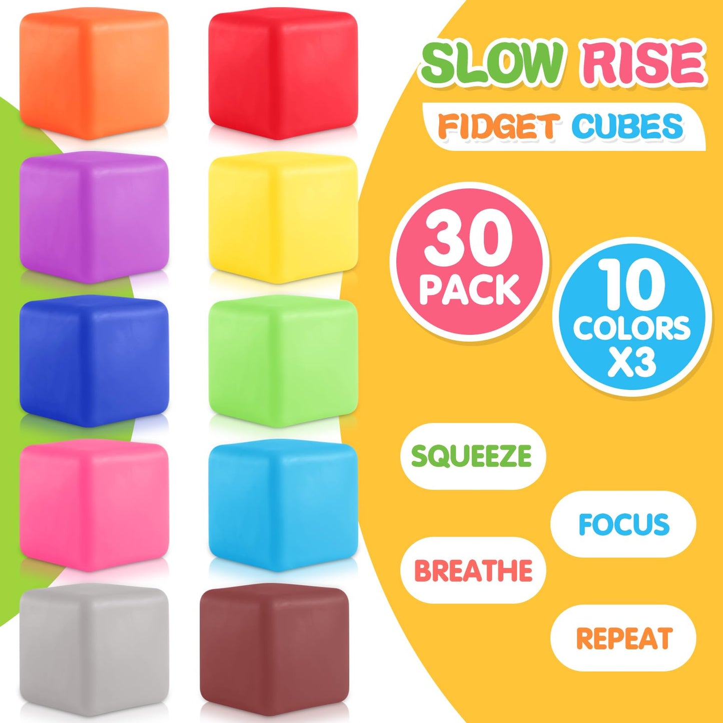 Viroucal Slow Rise Stress Cube 30 Pack | Portable Fidget Squares for Focus & Calm
