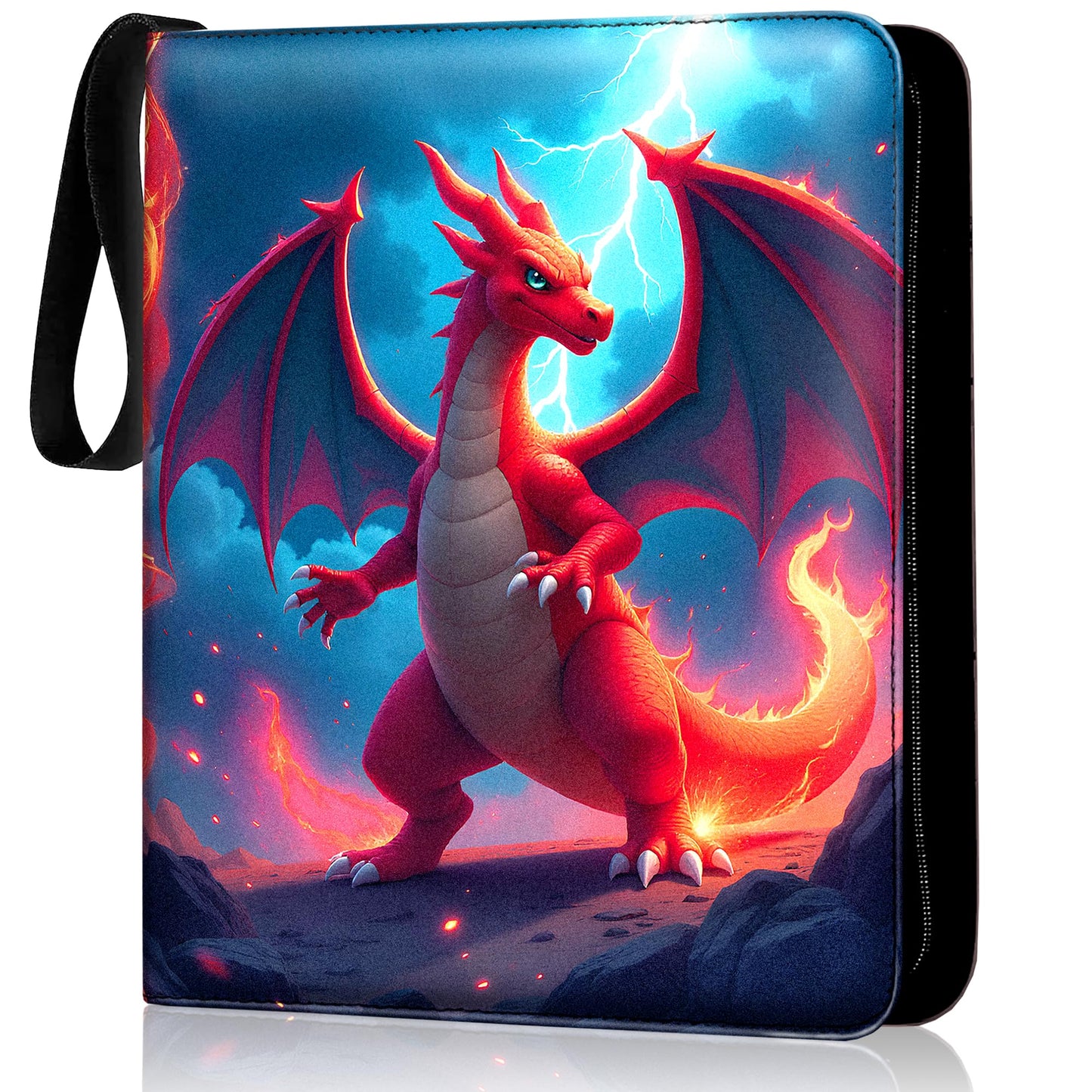 Virtualtonyshop Premium Card Trading Binder – Orange Dragon PU Leather, 900 Card Capacity, 50 Sleeves, 3-Ring, Zipper & Handle