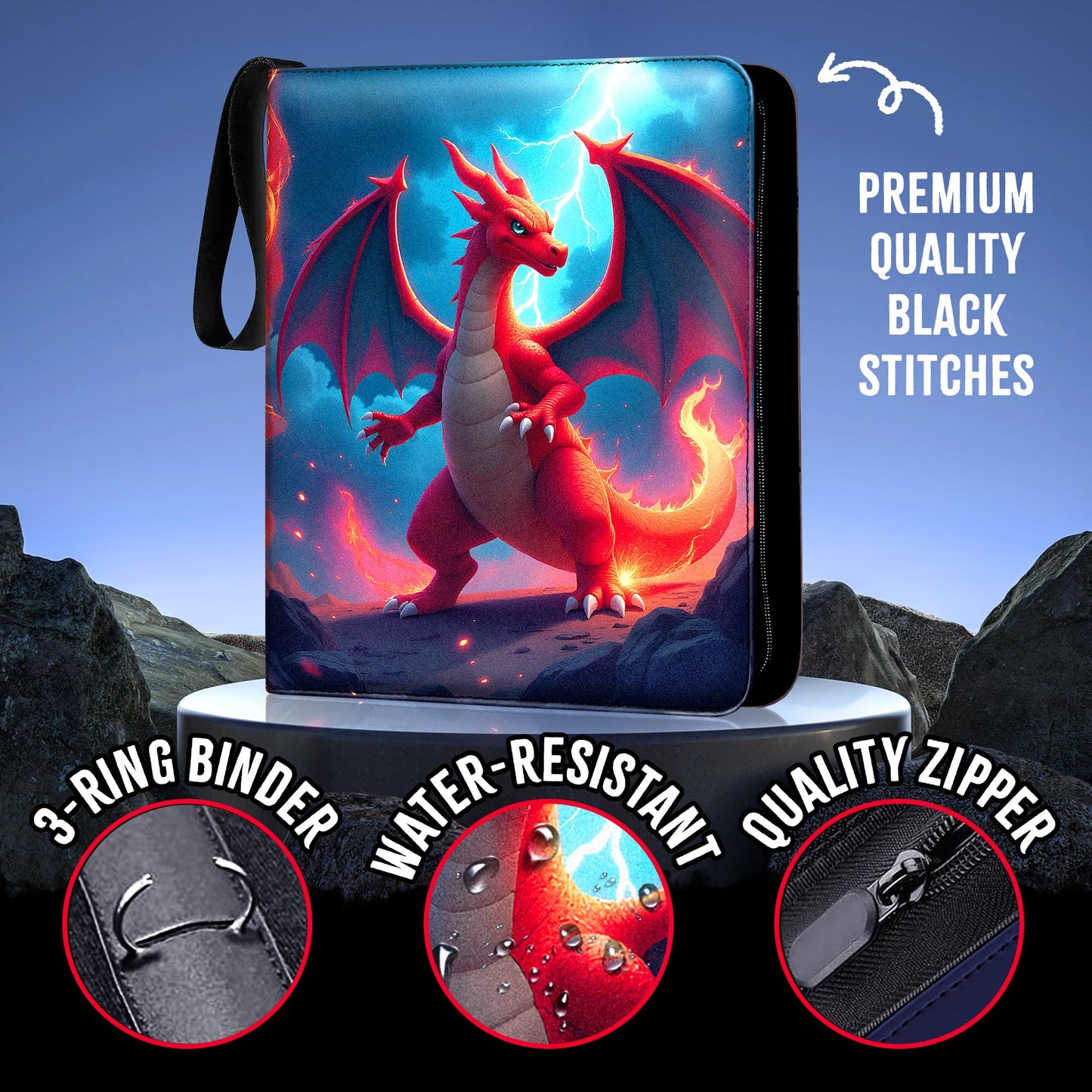 Virtualtonyshop Premium Card Trading Binder – Orange Dragon PU Leather, 900 Card Capacity, 50 Sleeves, 3-Ring, Zipper & Handle