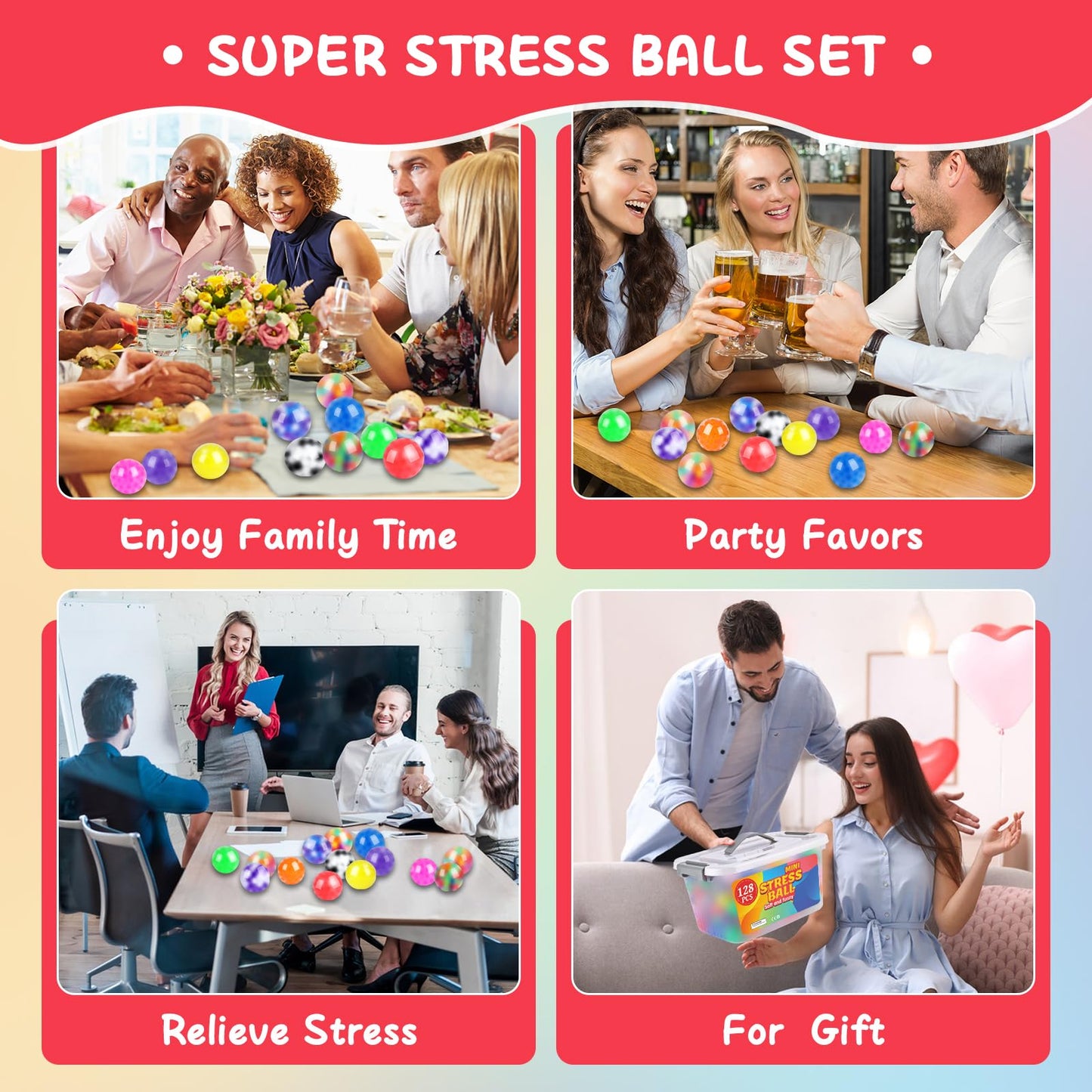 VISCOO 128-Pack Stress Balls for Adults – Palm-Sized Fidget Set for Anxiety Relief, Party Favors & Gifts