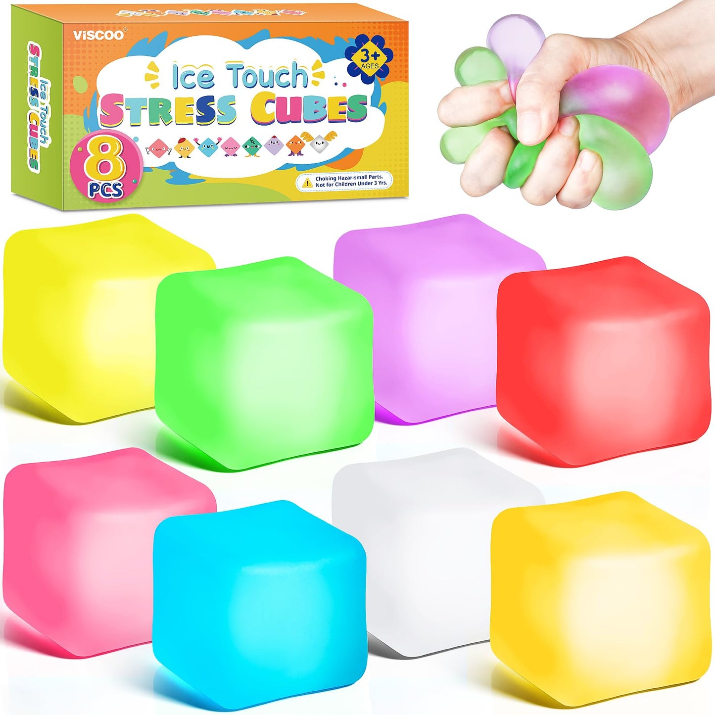 VISCOO 8 Pack Stress Cube – Slow Rising Ice Fidget Balls for Focus, Anxiety Relief, and Classroom Prizes