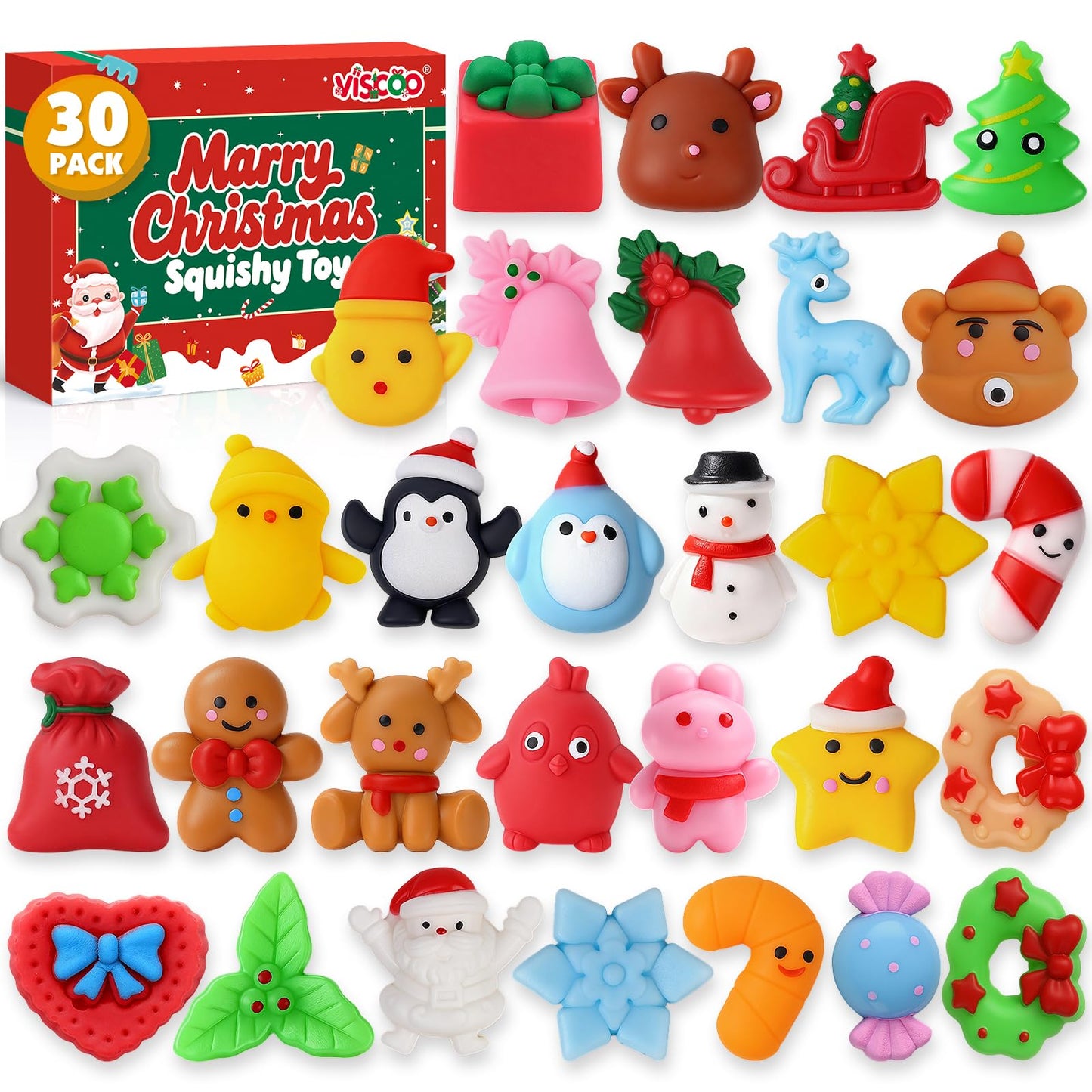 VISCOO 30-Pack Christmas Mochi Squishies – Party Favors & Stress Relief