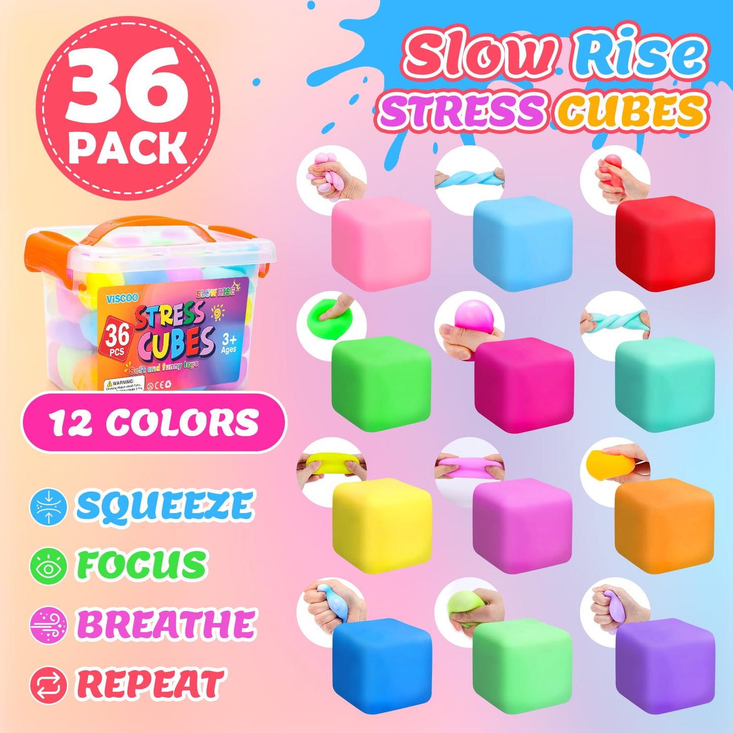 VISCOO 36 Pack Slow Rising Stress Cube – Soft Fidget Toys for Focus & Calm