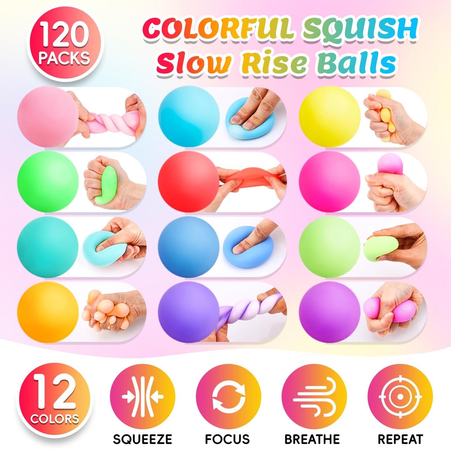 VISCOO 120-Pack Stress Balls | Slow-Rise Fidget Balls for Kids & Adults | Sensory Squishy Set