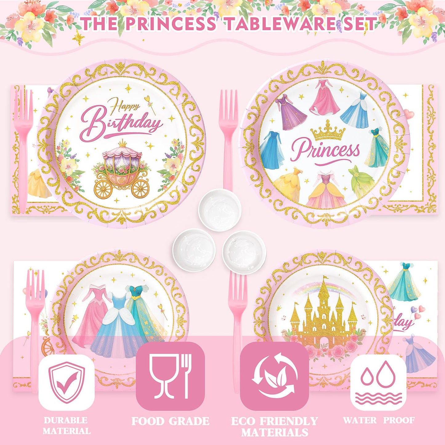Vistico Princess Party Tableware Set – 144 Pcs for 24 Guests (Plates, Cups, Forks, Straws, Napkins)