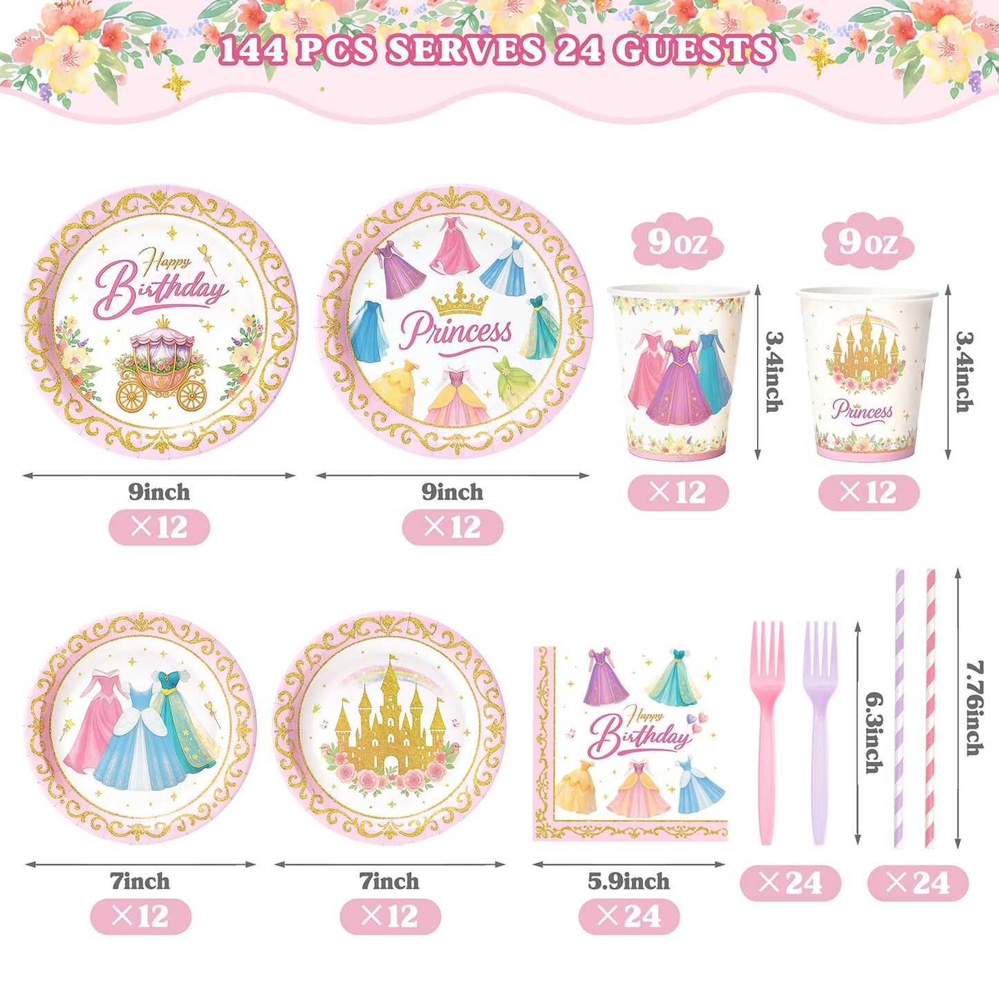 Vistico Princess Party Tableware Set – 144 Pcs for 24 Guests (Plates, Cups, Forks, Straws, Napkins)