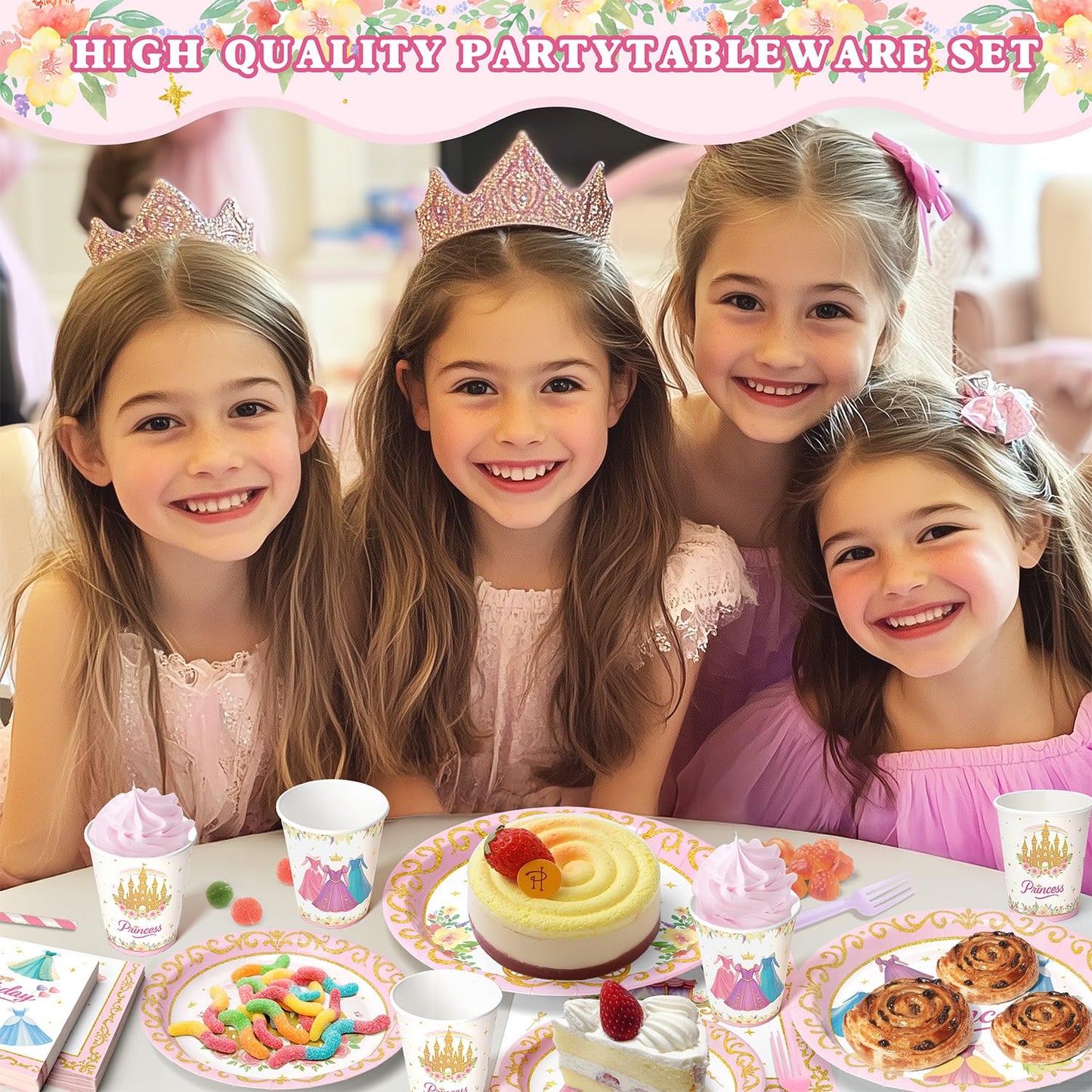 Vistico Princess Party Tableware Set – 144 Pcs for 24 Guests (Plates, Cups, Forks, Straws, Napkins)