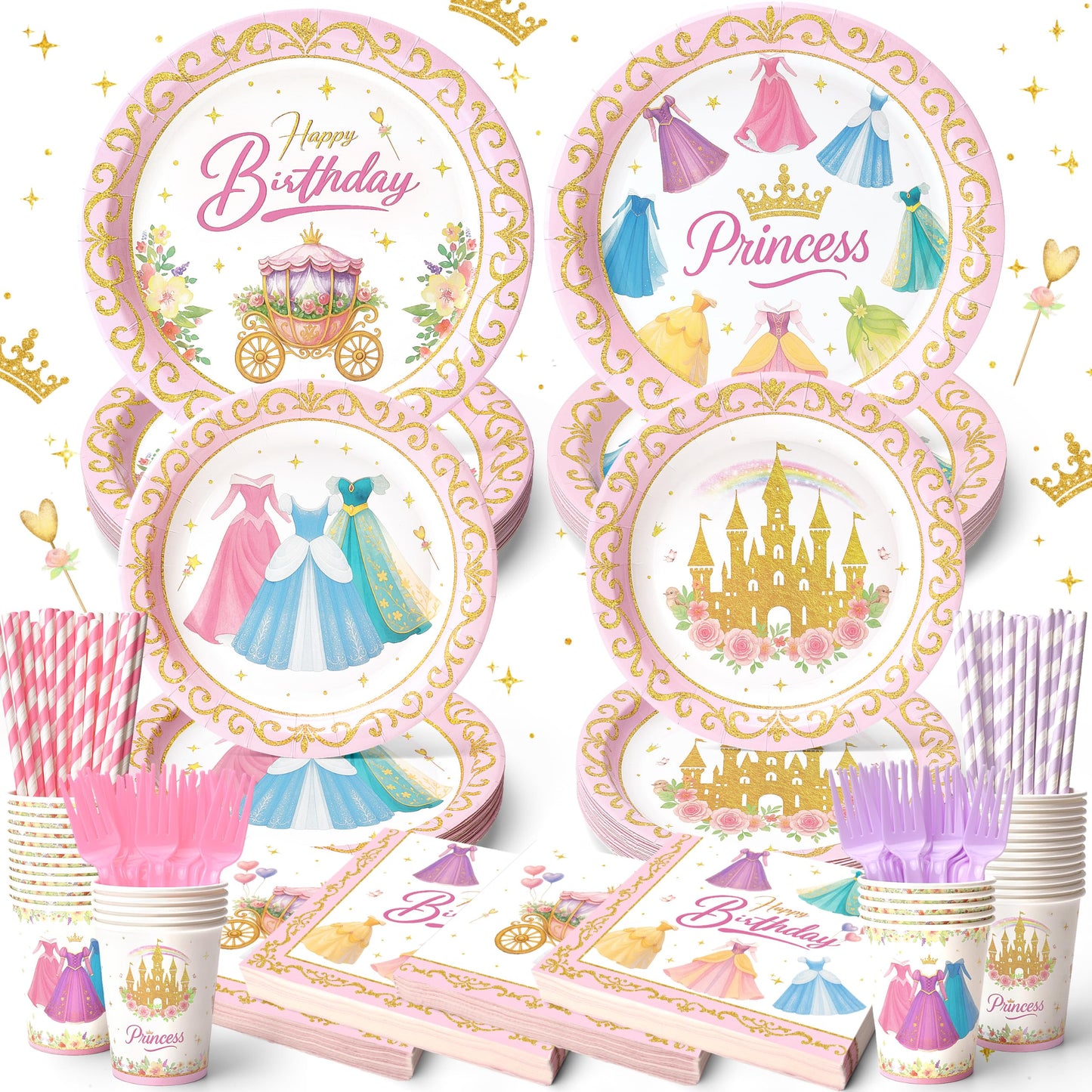 Vistico Princess Party Tableware Set – 144 Pcs for 24 Guests (Plates, Cups, Forks, Straws, Napkins)